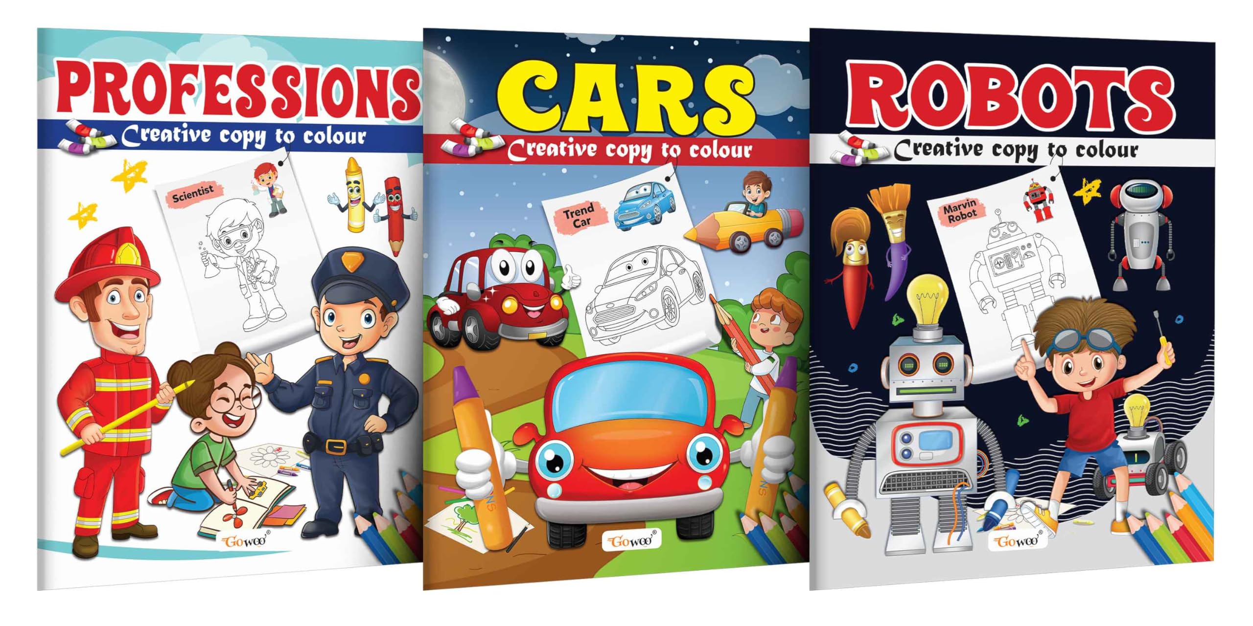 Professions, Cars and Robot  Creative Copy to Colour book : Kids Colouring Book, Copy and Color Book, Picture Coloring Book for
