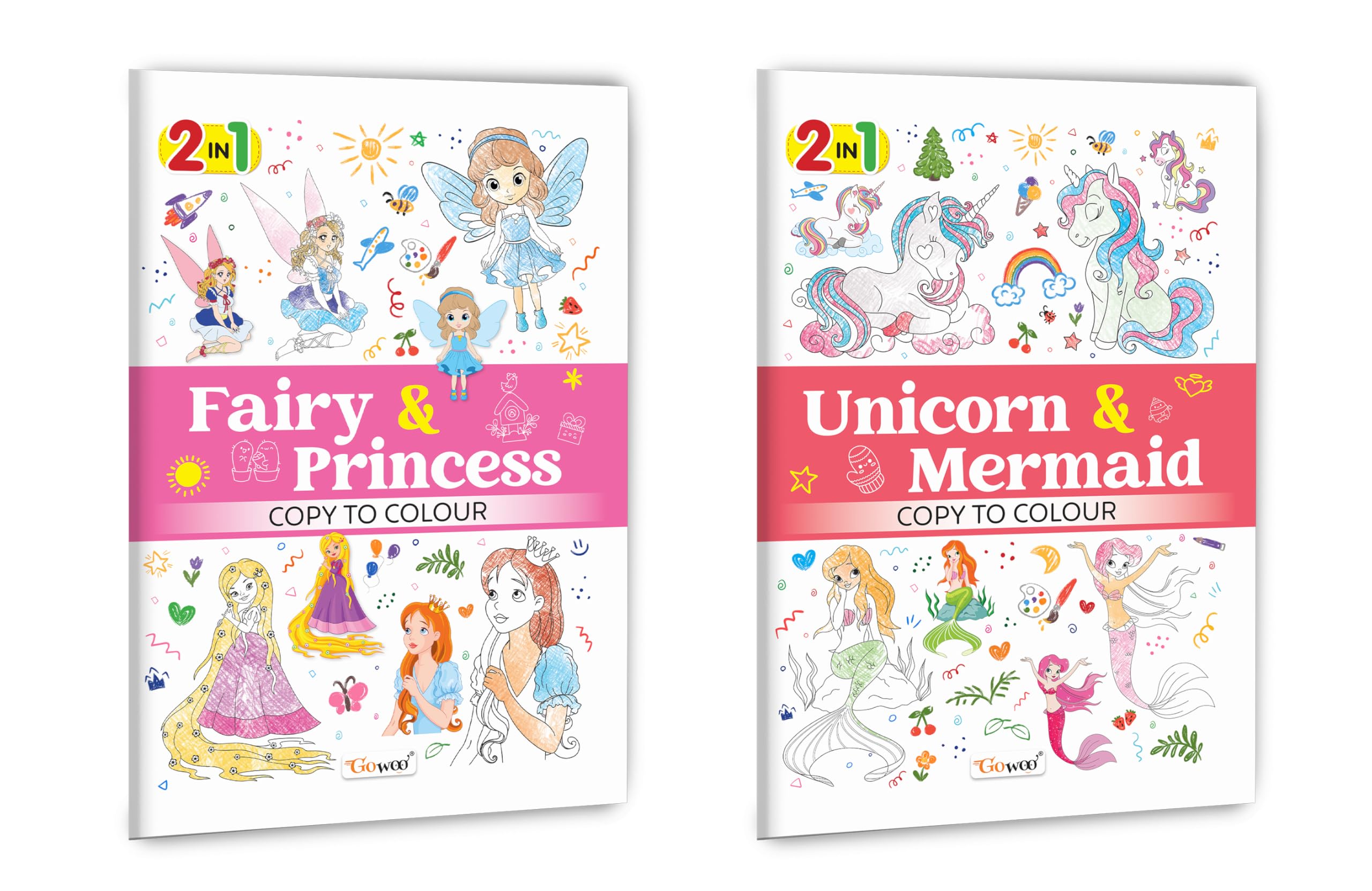 2 in 1 Copy to Colour  Fairy & Princess and Unicorn & Mermaid : Sparkling fairy tales, Magical ocean friends, Kids fantasy col