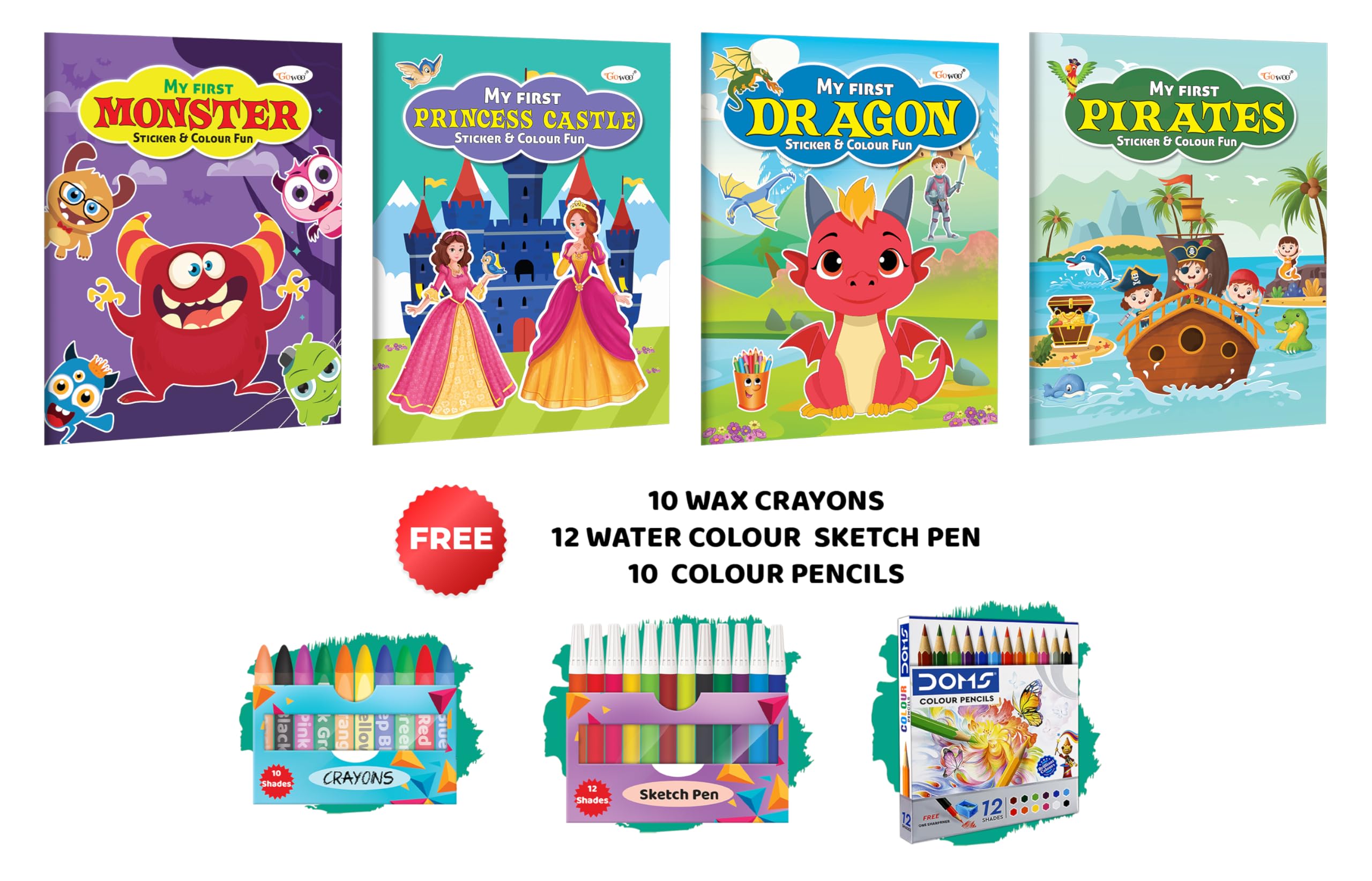 My First Monster, Princess Castle, Dragon and Pirates Sticker and Colour Fun with 10 Wax Crayons, 12 Water colour Sketch Pen and