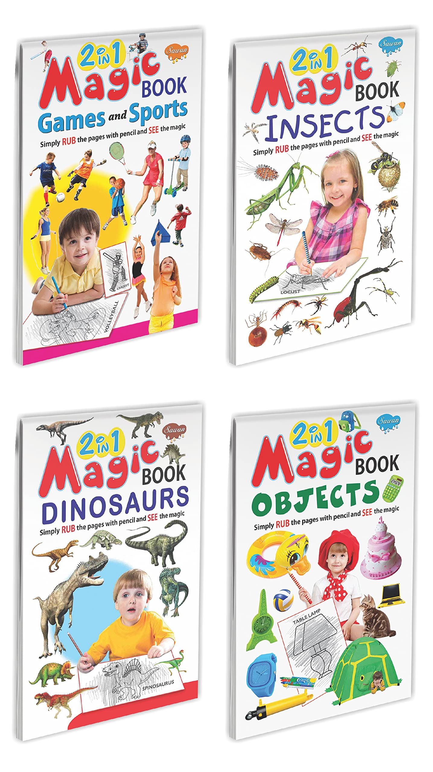Set Of 4 Books, 2 In 1 Magic Book Of Games And SportsToys, BirdsInsects, DinosaursSea Animals And ShapesObjects