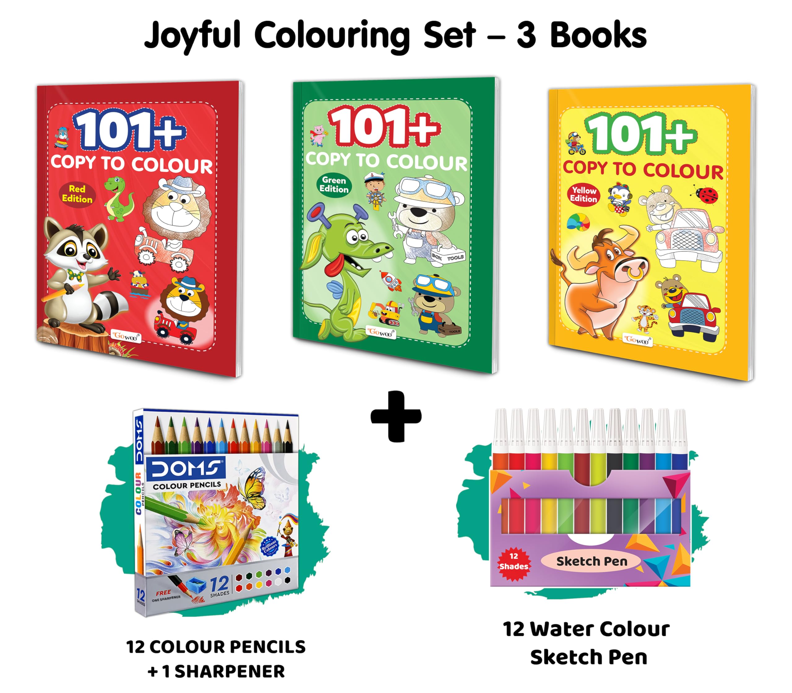 101+ Copy to Colour  Red, Green & Yellow Edition with 12 Colour Pencils + 1 Sharpener + 12 Water Colour Sketch Pens : SkillBu