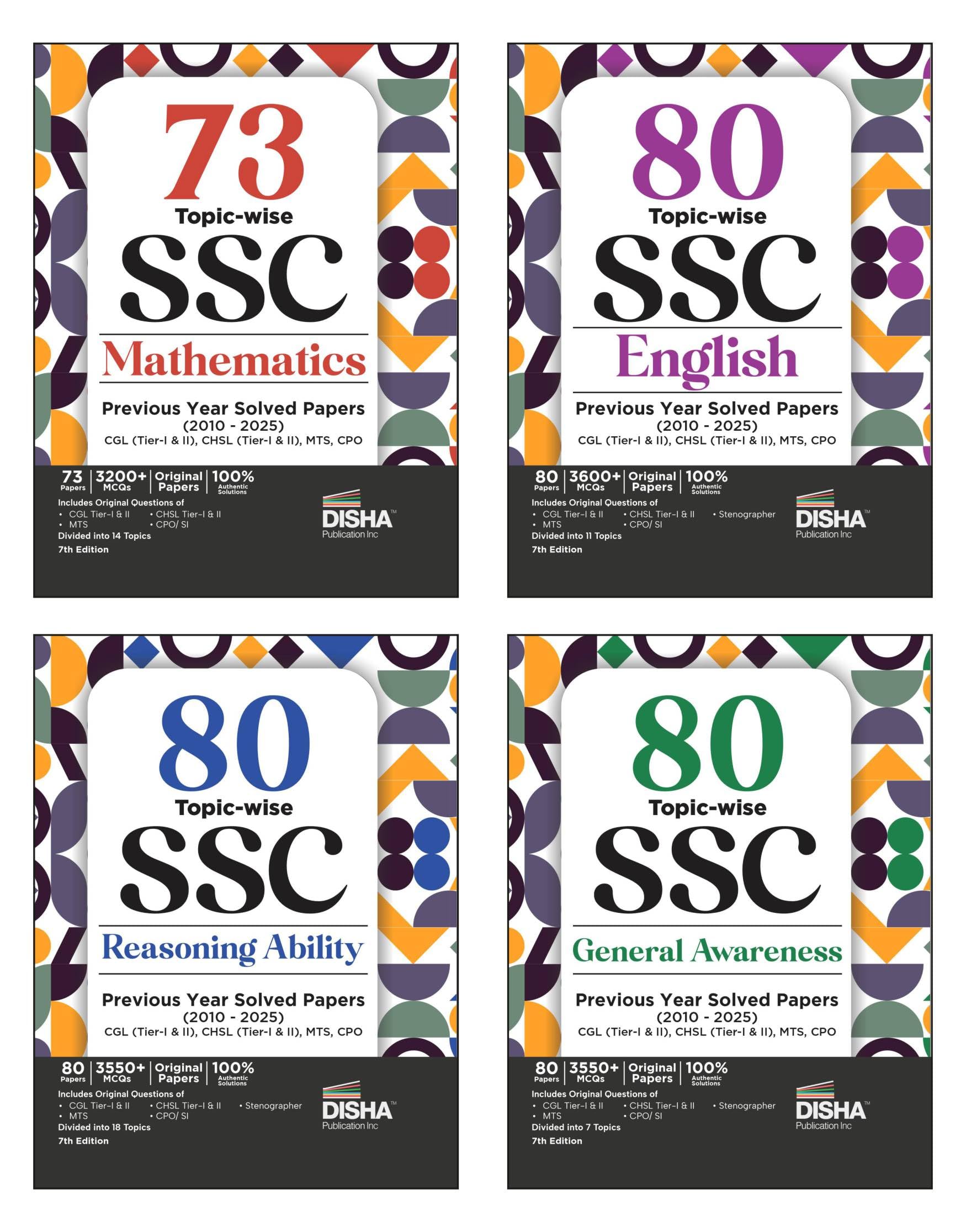 Disha Combo (Set Of 4 Books) 80 TopicWise 2025  2010 Ssc Mathematics, English, Reasoning & General Awareness Solved Papers  C