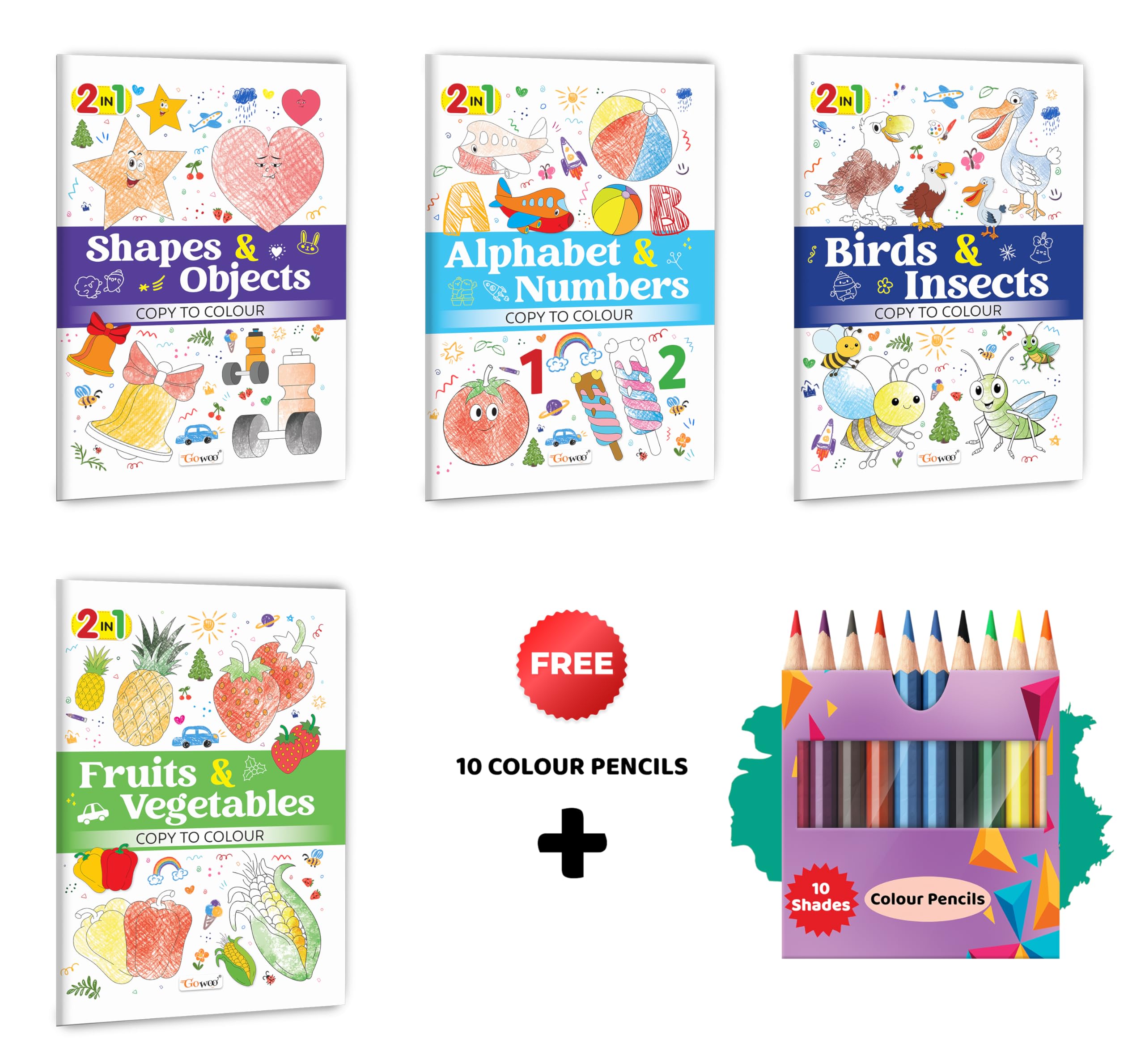 2 in 1 Copy to Colour  Alphabet & Numbers, Birds & Insects, Fruits & Vegetables and Shapes & Objects with 10 Colour Pencils : 