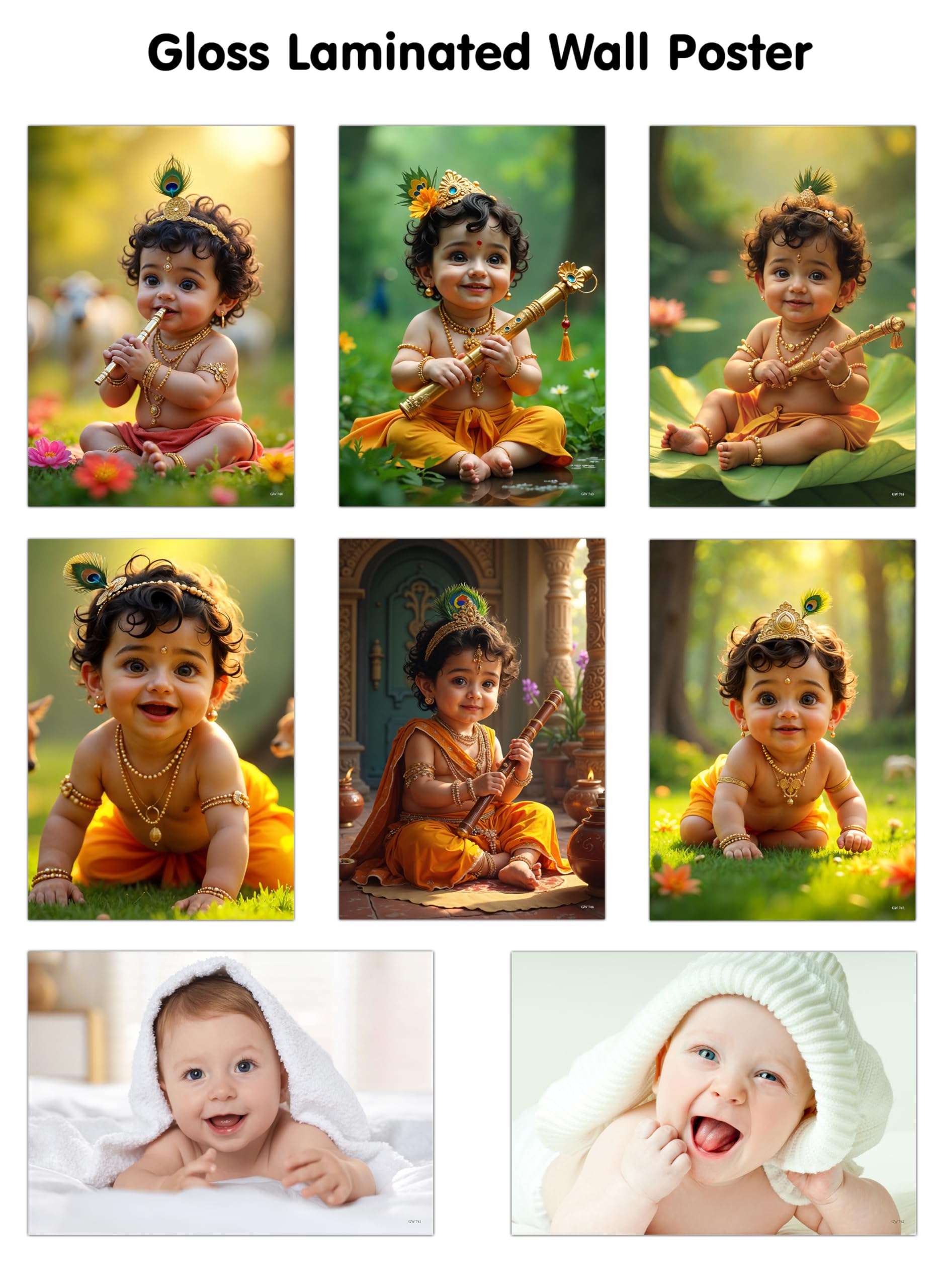 KRISHNA BABY POSTER  1, 2, 3, 4, 5, 6 and BABY POSTER  5 and 6 (GLOSS LAMINATION) : Krishna baby wall dcor, stylish baby glos