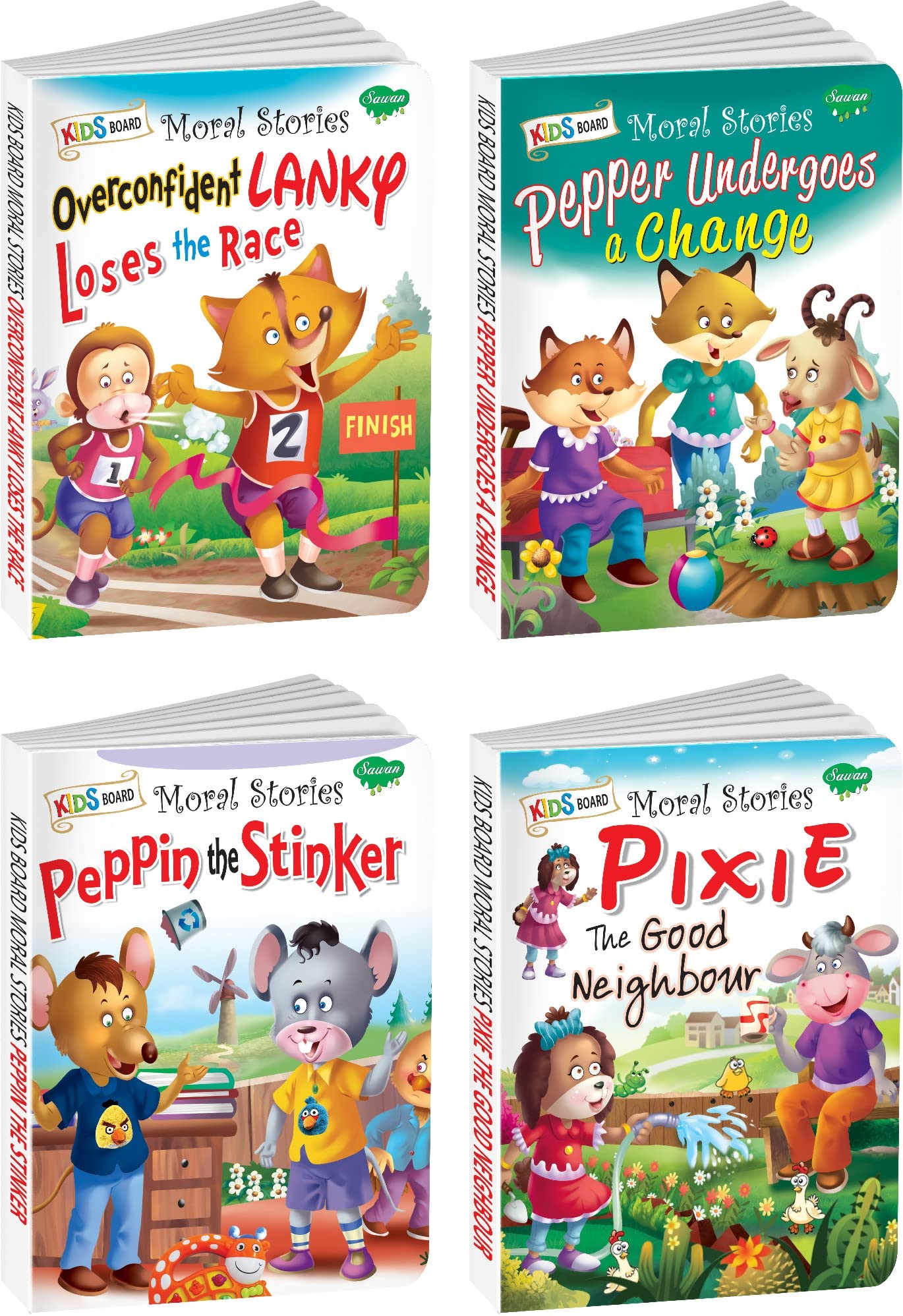 Sawan Kids Board Moral Stories Overconfident Lanky Loses The Race, Pepper Undergoes A Change, Peppin The Stinker, Pixie The Goo
