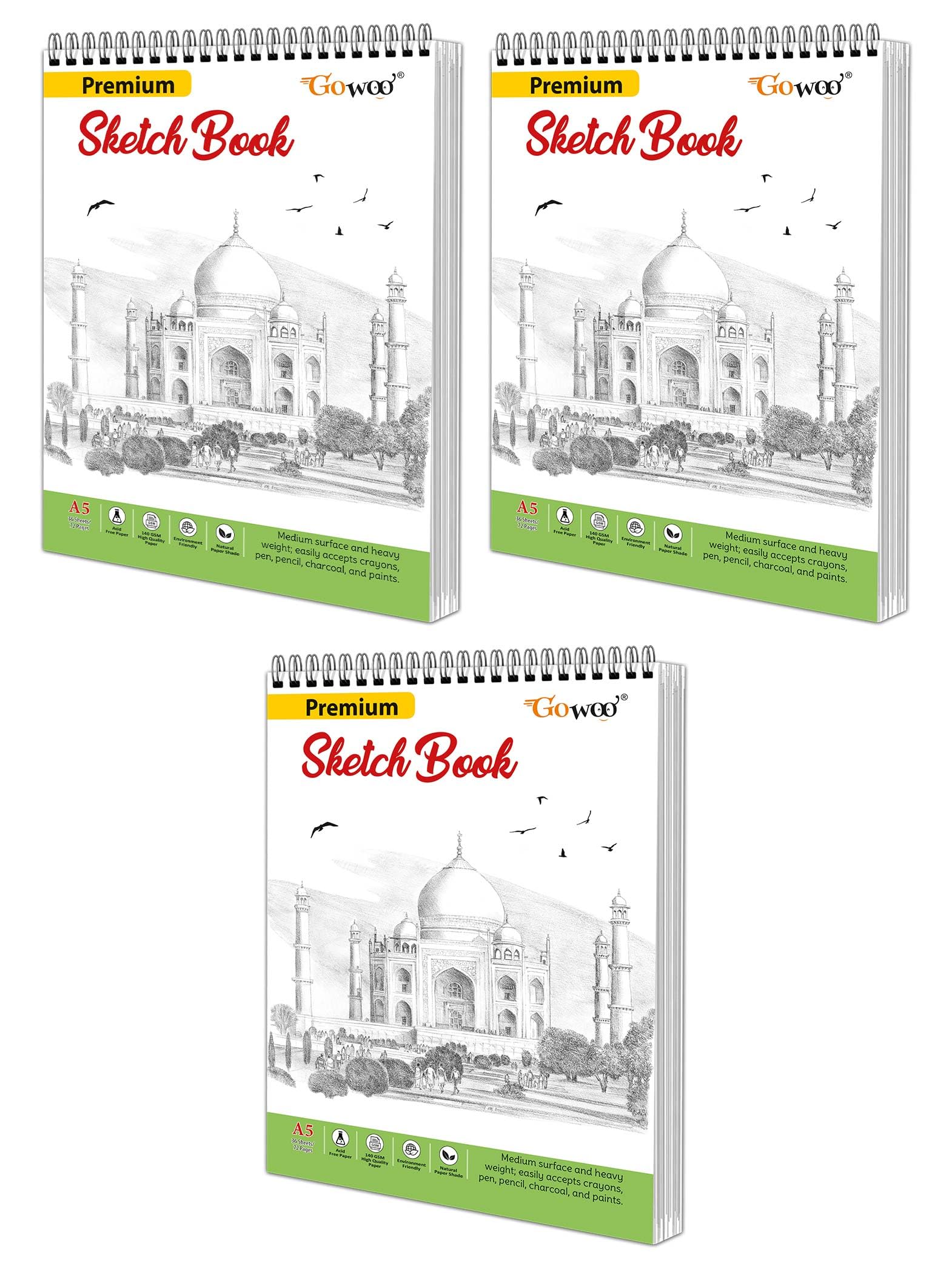 A5 Premium Sketch Book : Set of 3 (5.8 x 8.3 inches)  36 Sheets Sketchbooks, 140 GSM Thick Paper For Drawing and Sketching, Top