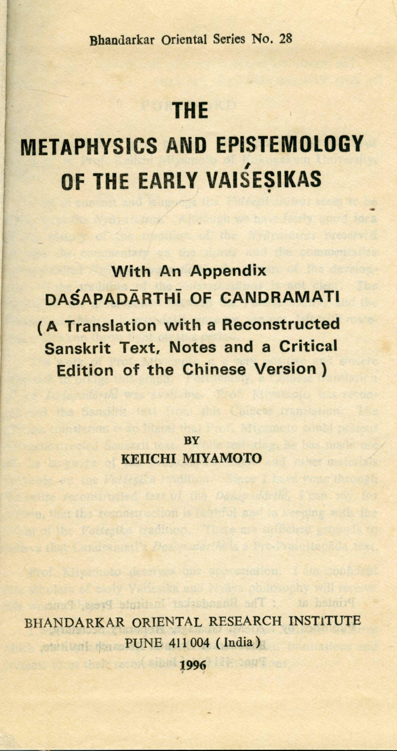 The Metaphysics And Epistemology Of The Early Vaisesikas