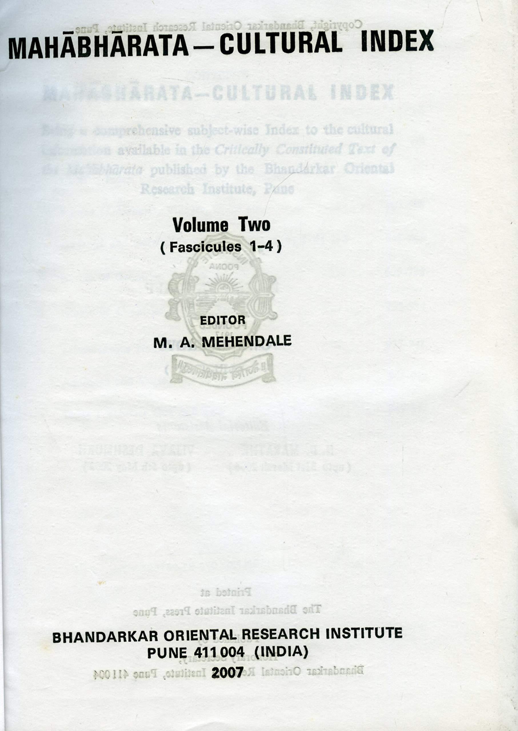Mahabharata Cultural Index  Vol. Ii, Fasc I To Iv