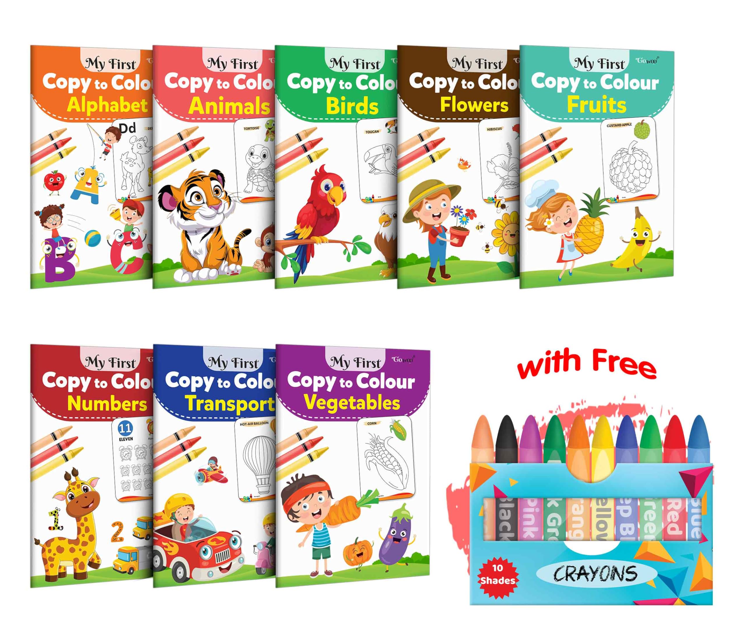 My First Copy to Colour  Alphabet, Animals, Birds, Flowers and more with 10 WAX CRAYONS : My first colouring book, Colour pract