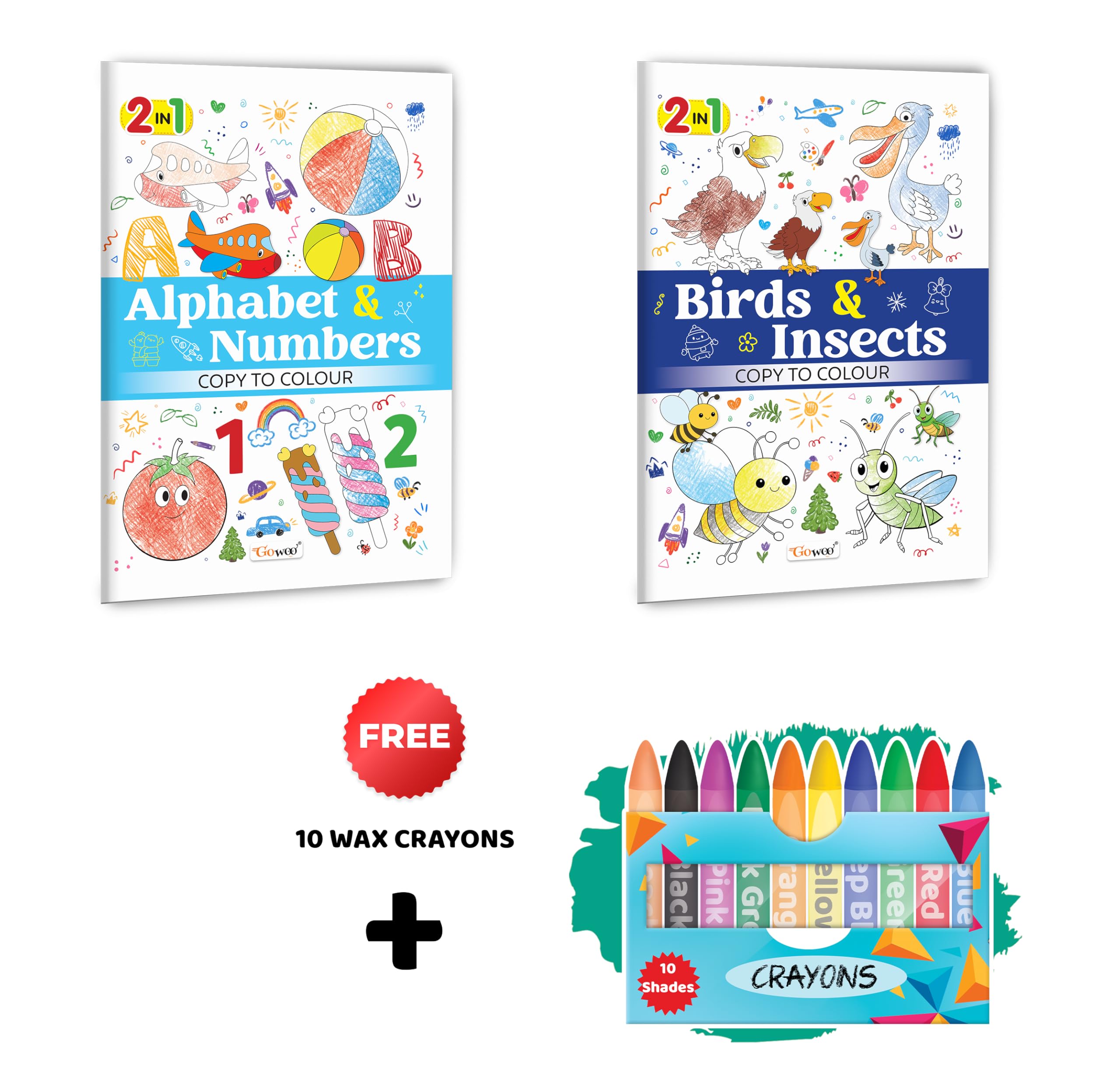 2 in 1 Copy to Colour  Alphabet & Numbers and Birds & Insects with 10 Wax Crayons : Creative kids starter pack, Colourful 2 in