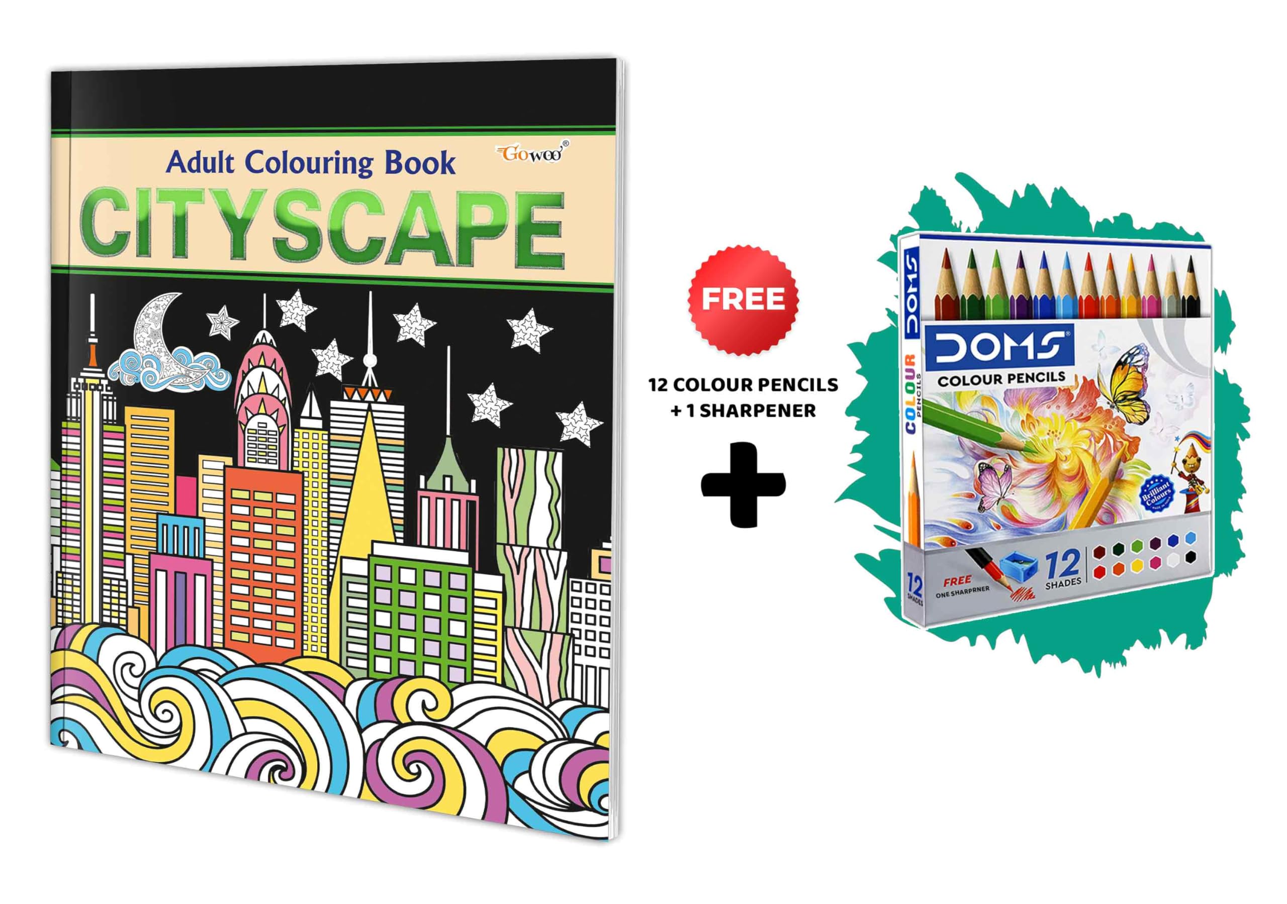 Cityscape  Adult Colouring Book with 12 Colour Pencils + 1 Sharpner : Mindful Art Coloring, Coloring kit for Adults, Coloring B