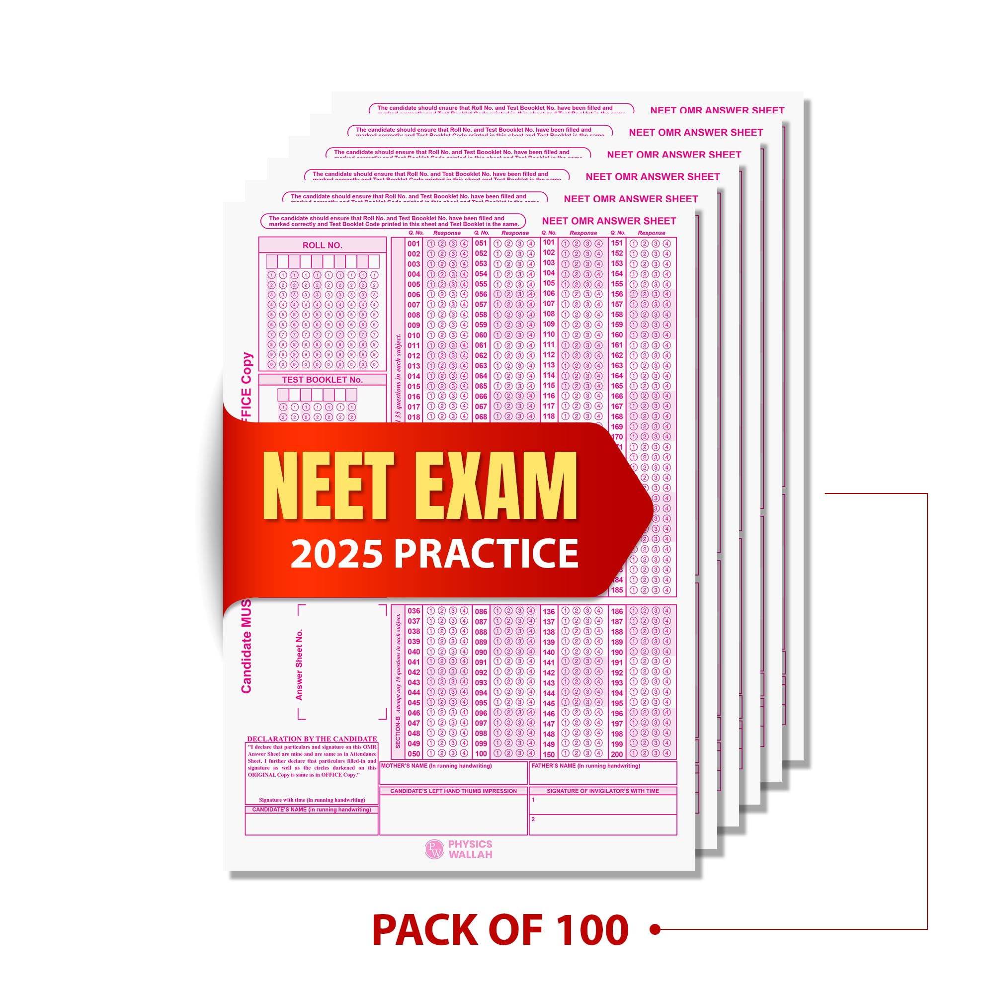 PW NEET OMR Sheets For Practice and Time Management  100 OMR Sheets to Attempt Question upto 200 MCQs, Based on NEET Latest P