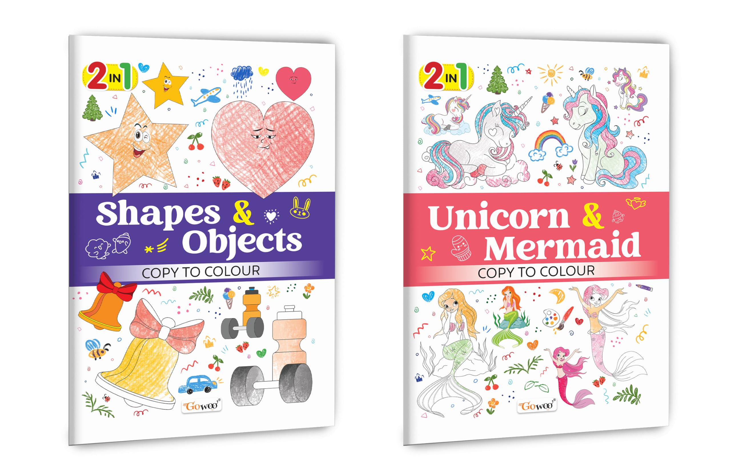 2 in 1 Copy to Colour  Shapes & Objects and Unicorn & Mermaid : Creative shape fun, Fantasy ocean world, Kids imagination boos