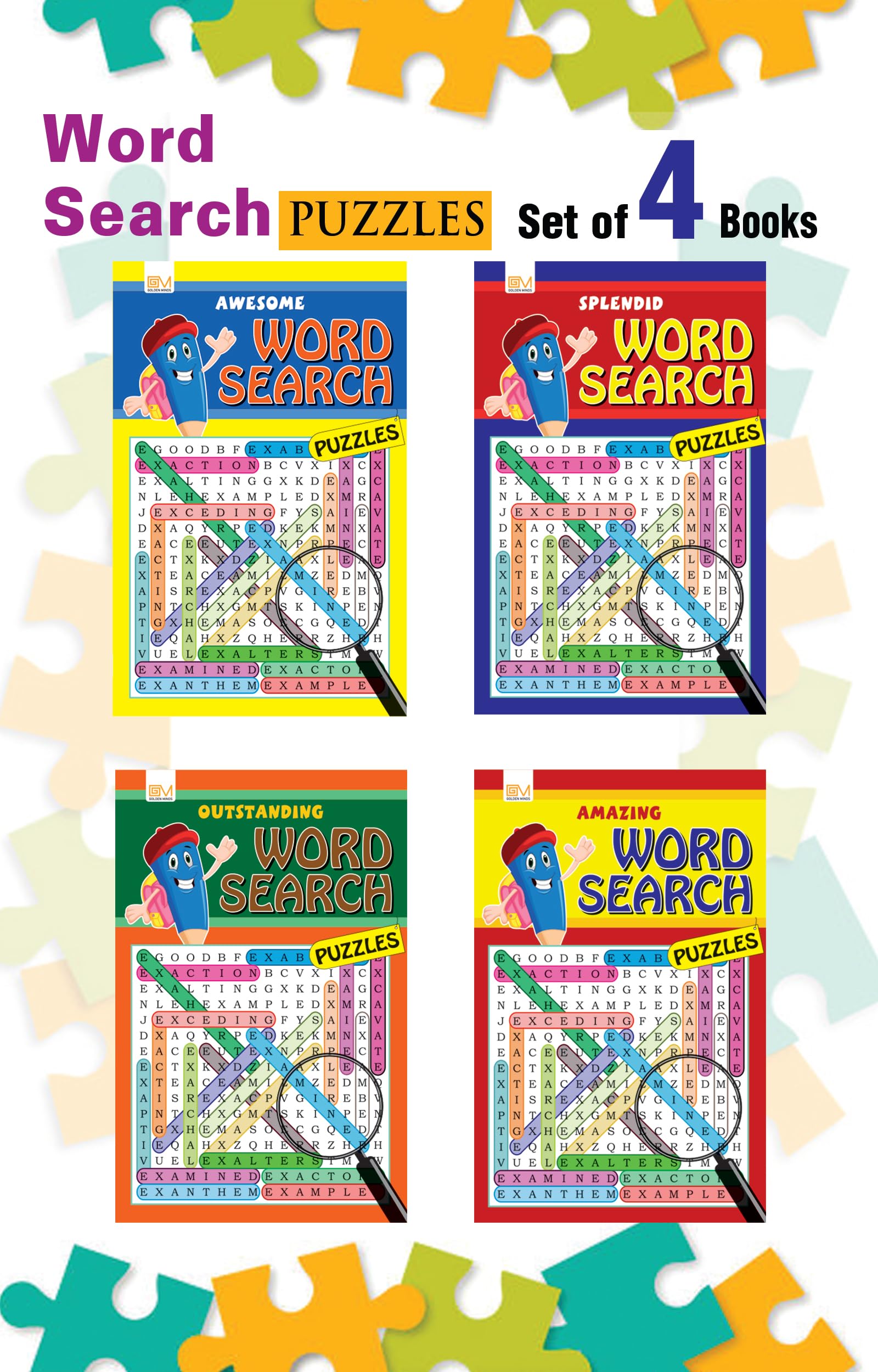 GOLDEN MINDS Word Search Puzzle Pad (Set of 4 Books) for Kids  Fun & Challenging Brain Games to Improve Vocabulary & Thinking S