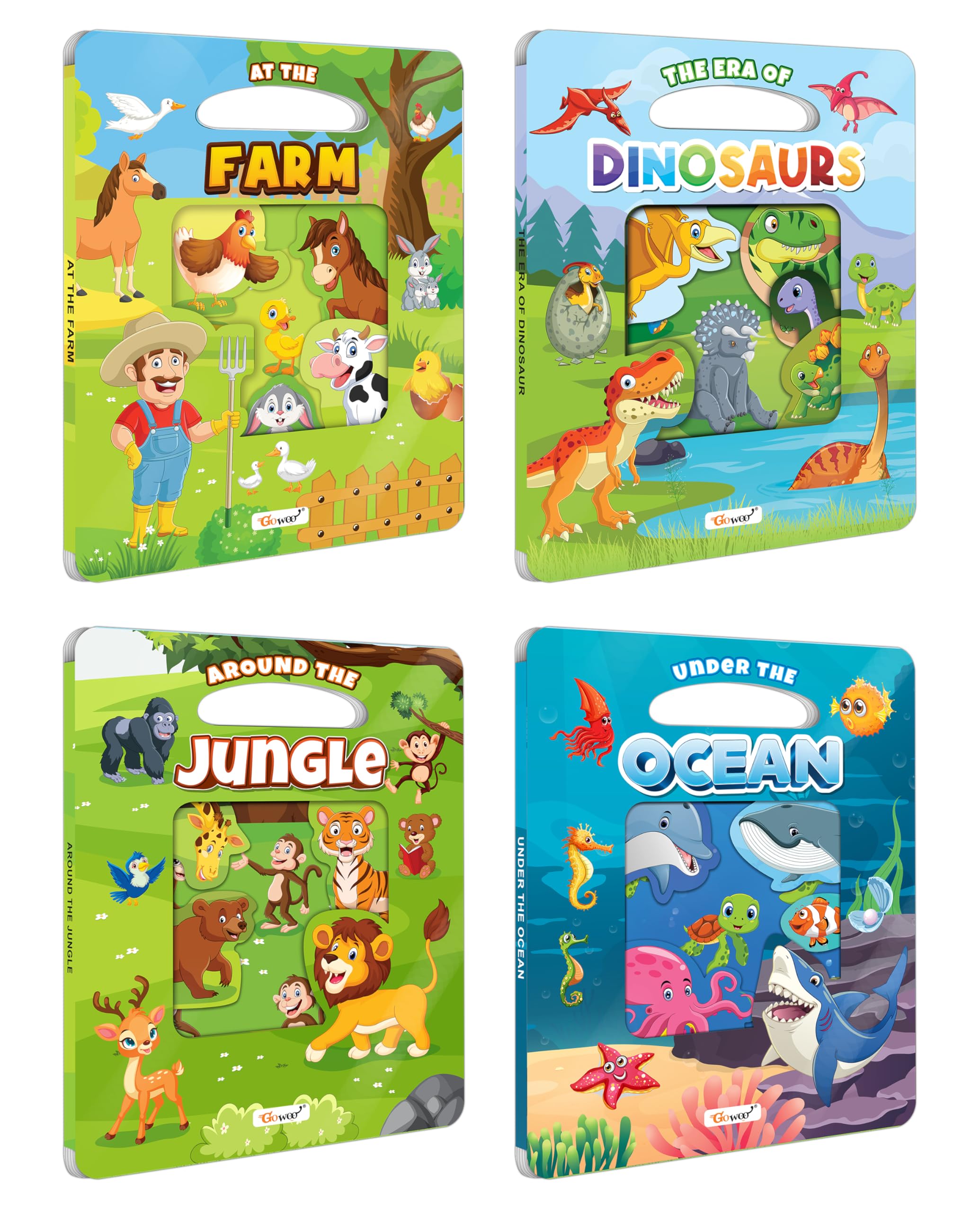 At the Farm, The Era of Dinosaur, Around the Jungle and Under the Ocean Window Cut Board Book :Educational Toddler Book, Die Cut