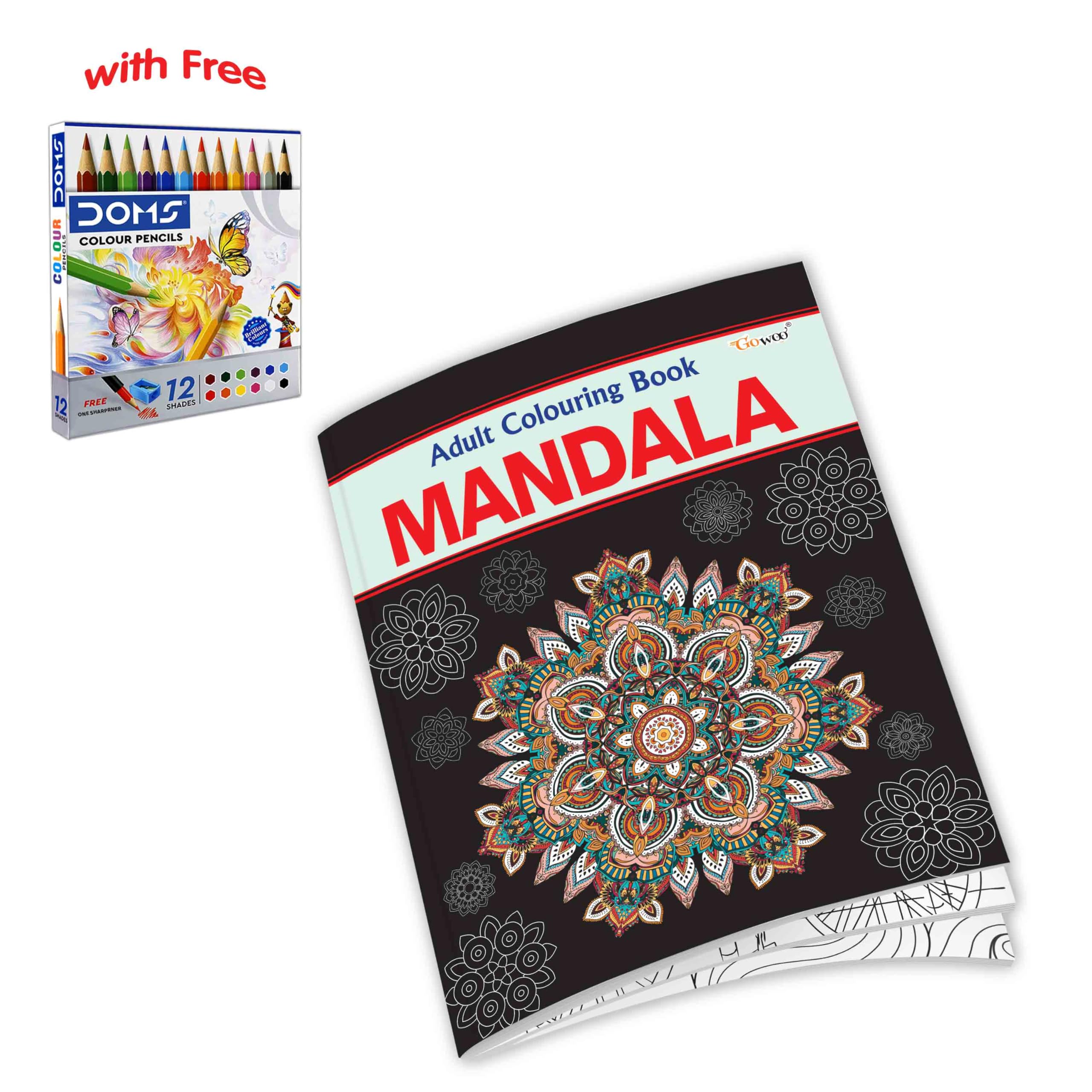 Mandala  Adult Colouring Book with 12 Colour Pencils + 1 Sharpner : adult mandala colouring book, meditative art book for adult