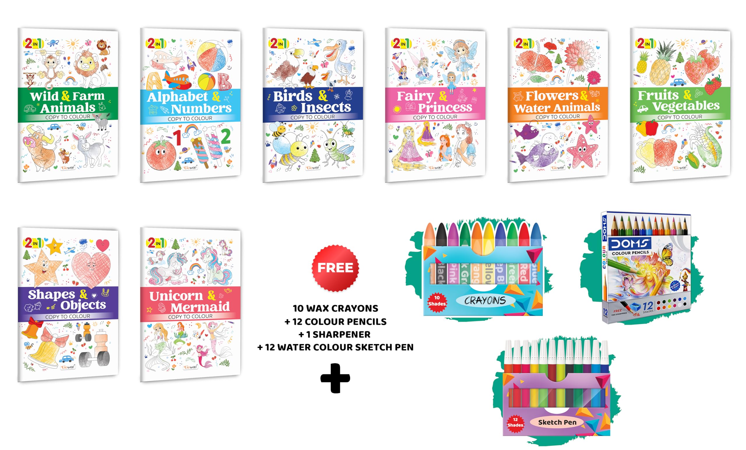 2 in 1 Copy to Colour  Alphabet & Numbers, Birds & Insects and more with 12 Colour Pencils + 1 Sharpener, 10 Wax Crayons and 12