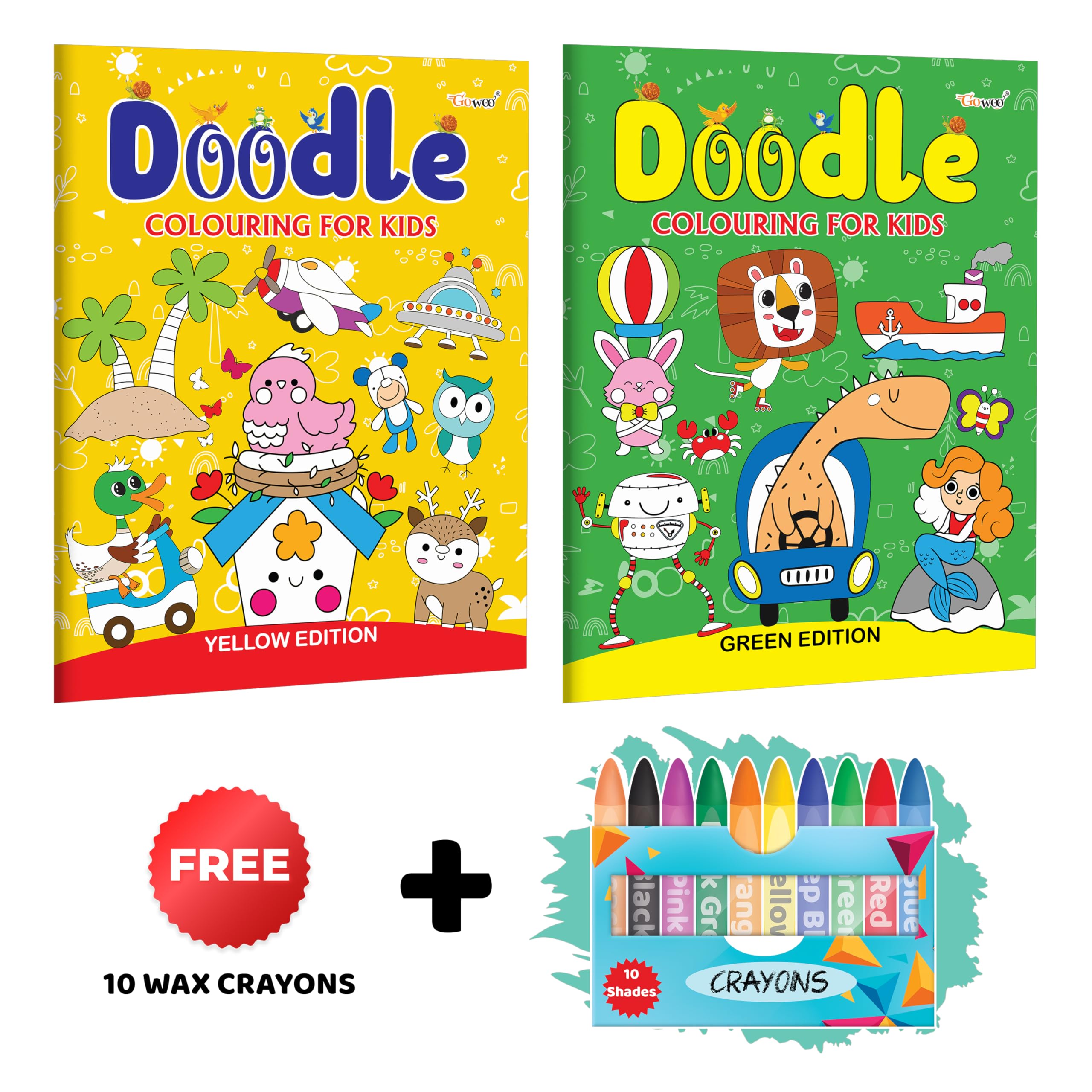 Doodle Colouring for kids  Yellow and Green Edition with 10 Wax Crayons : Educational Coloring Book for Children, Toddlers colo