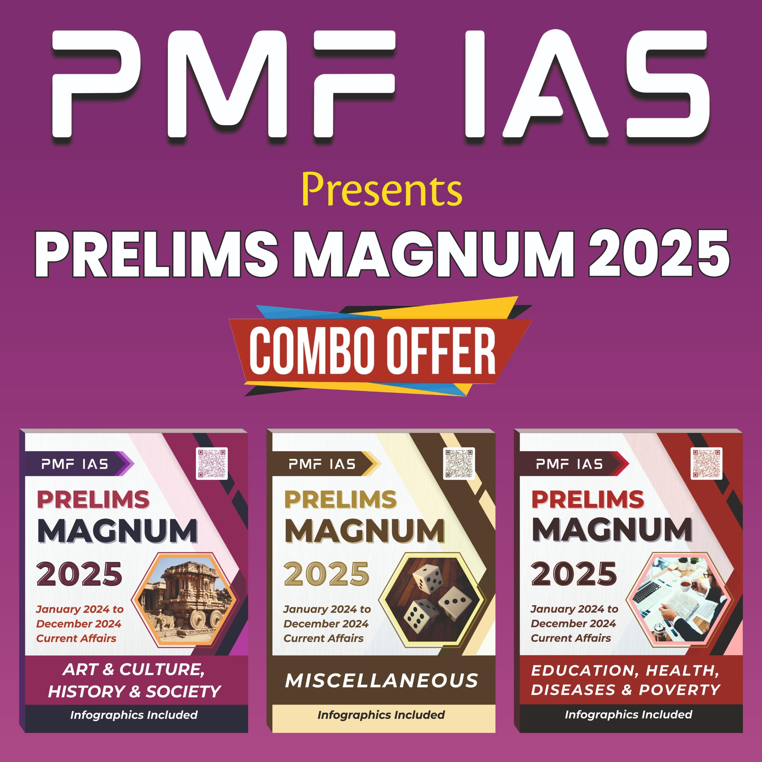 PMF IAS Prelims Magnum Combo Pack (Set Of 3 Books)  2025 | Art & Culture, History & Society | Miscellaneous | Education, Health