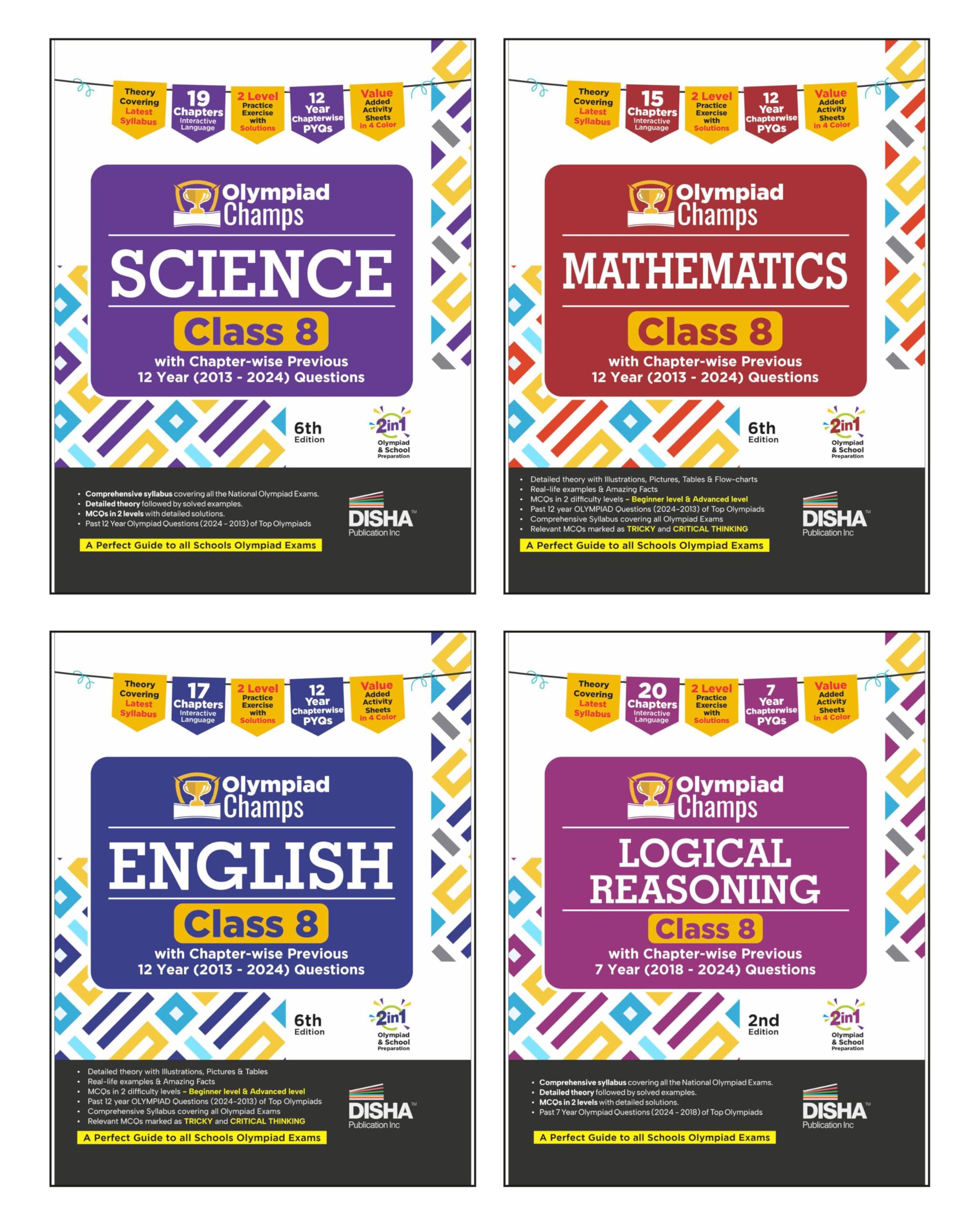 Disha Combo (4 Books) Class 8 (Set Of 4 Books) Olympiad Champs Science, Mathematics, English & Logical Reasoning With ChapterWi
