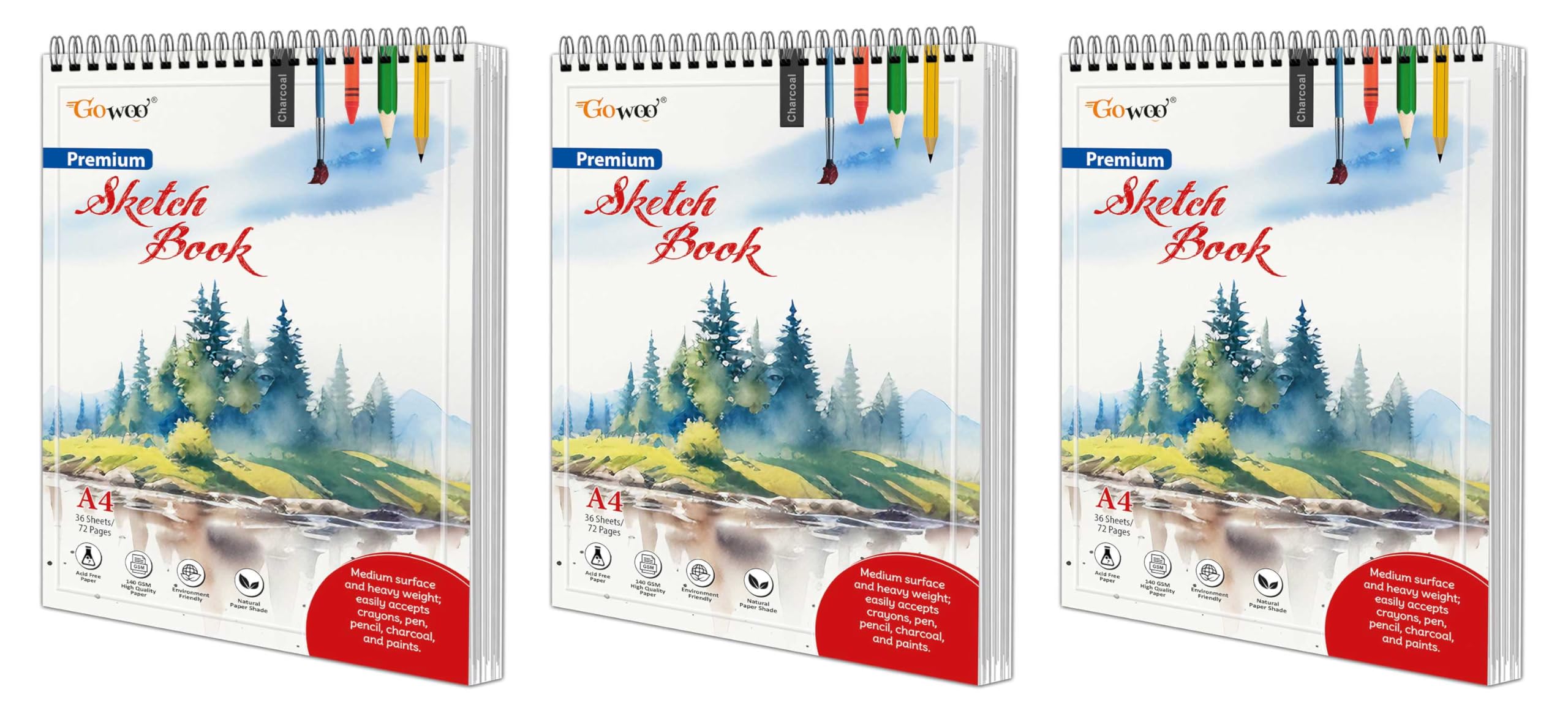 A4 Premium Sketch Book : Set of 3 (36 sheets) Sketch Book For Painting, Top SpiralBound Sketchpad, ketching and Drawing Acid Fr