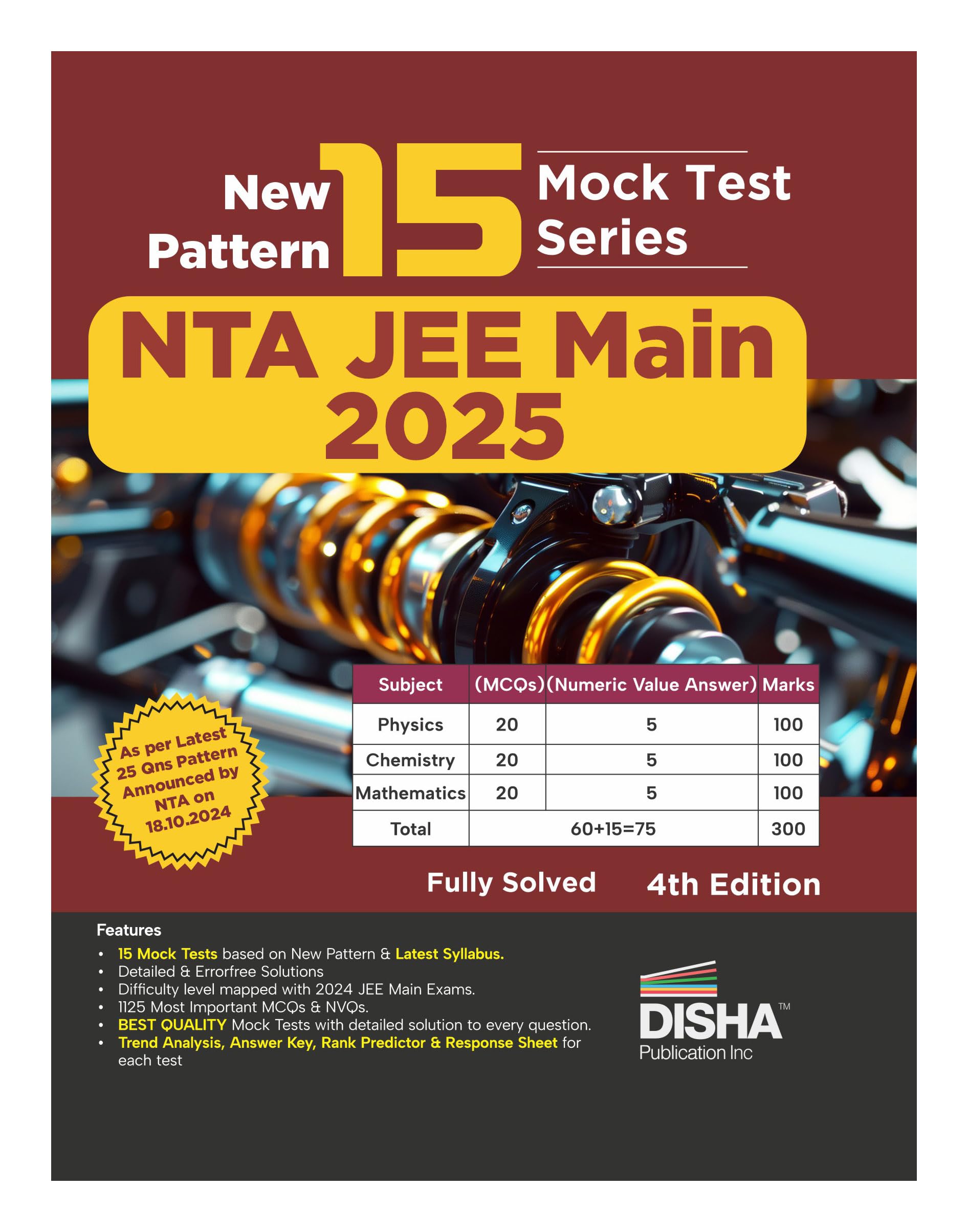 Disha New Pattern 15 Mock Test Series Nta Jee Main 2025  4Th Edition | 75 Mcqs In Physics, Chemistry & Mathematics Rankers Test