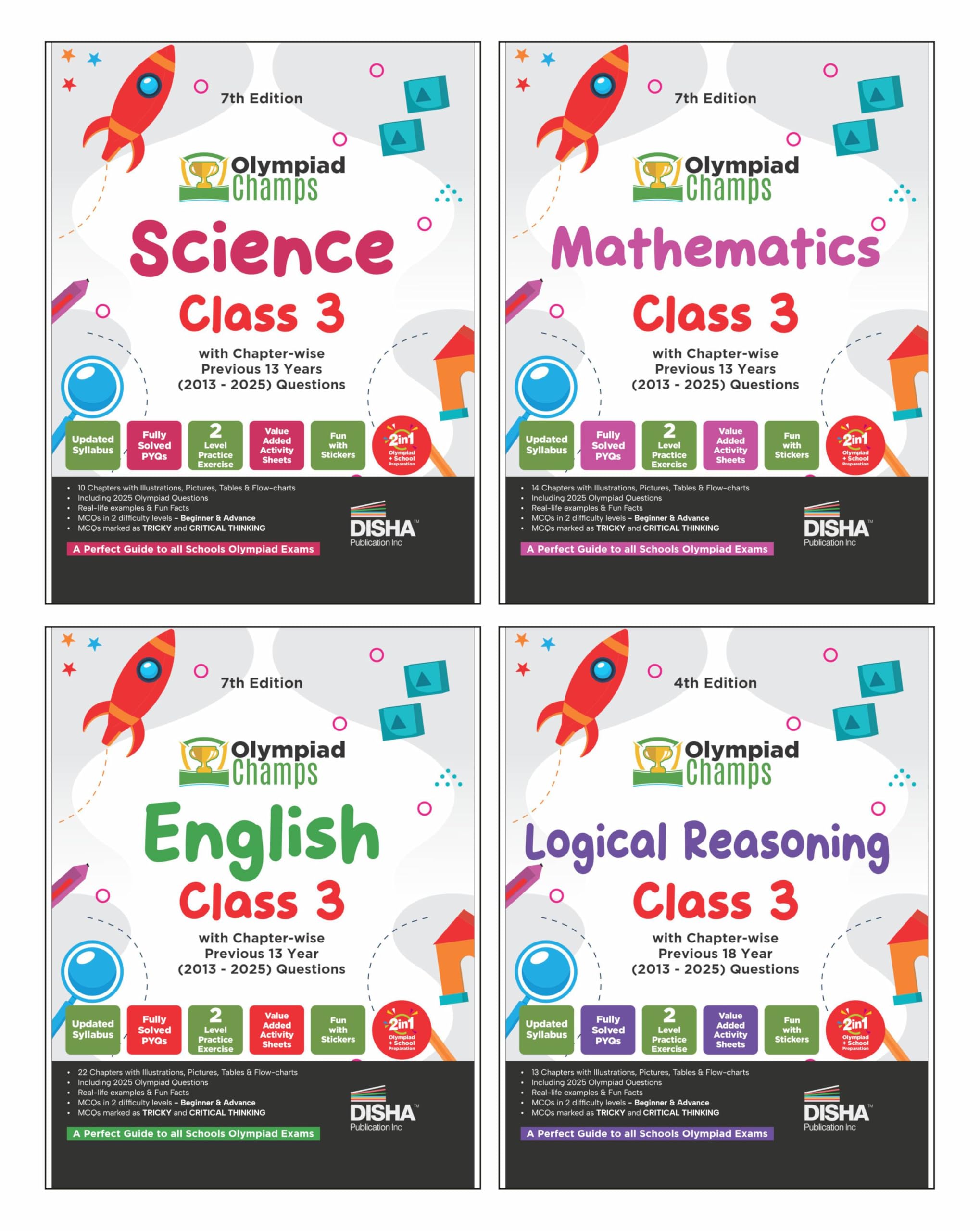 Disha Combo Class 3 (Set Of 4 Books) Olympiad Champs Science, Mathematics, English & Logical Reasoning With ChapterWise Previou
