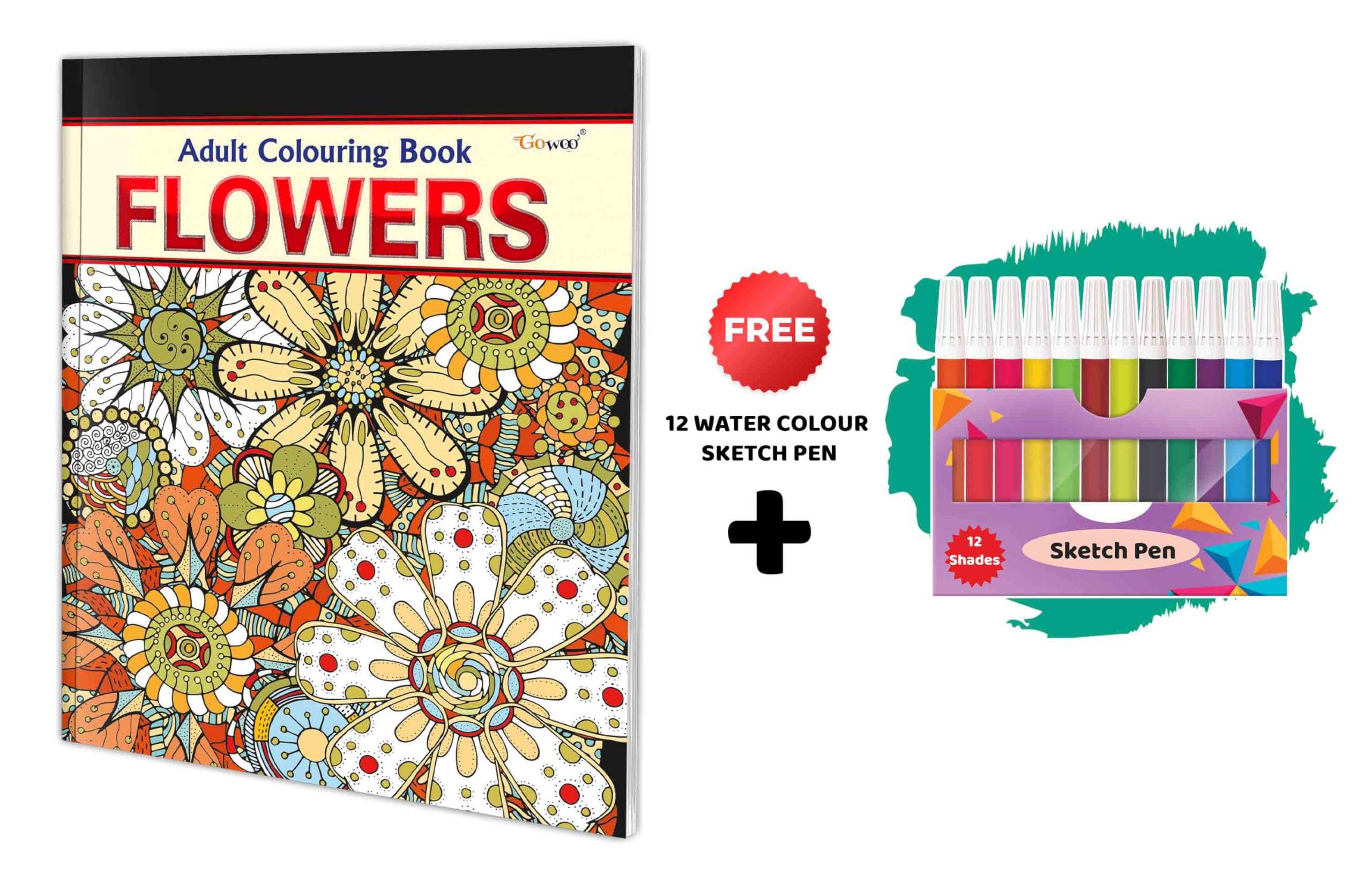 Flowers  Adult Colouring Book With 12 Water Colour Sketch Pen : Art & Craft Kit, Art Coloring Book for Adults,Creative Coloring