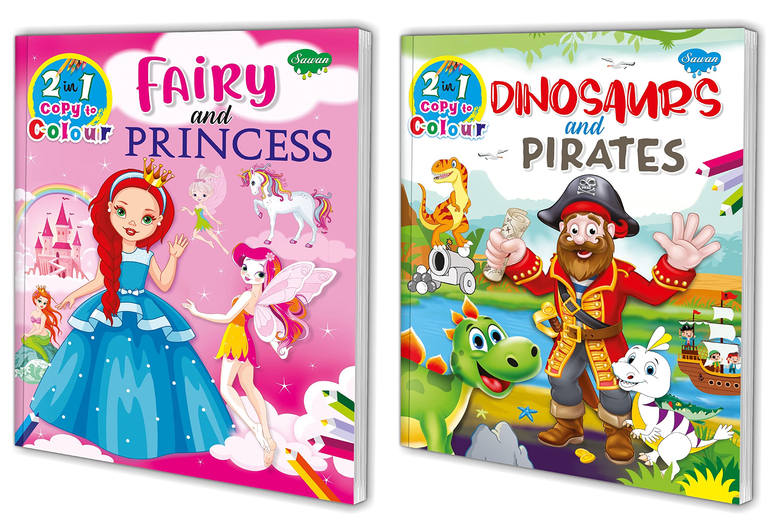 Sawan 2 In 1 Copy To Colour Dinosaurs & Pirates And Fairy & Princess | Pack Of 2 Colouring Books