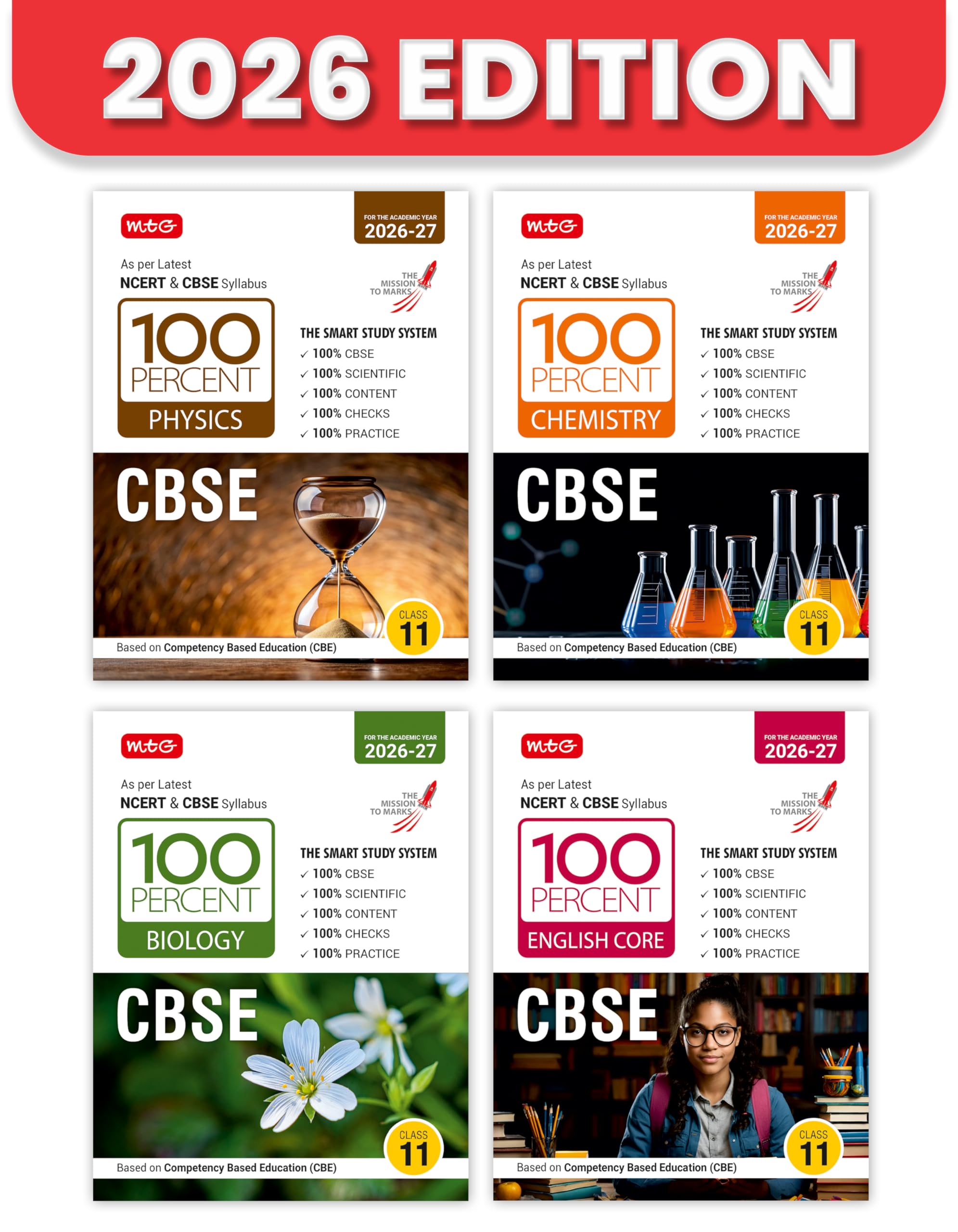 MTG 100 Percent NCERT & CBSE Physics, Chemistry, Biology, English Class 11 For 202627 Exam (Set of 4) | As Per Revised NCERT Te