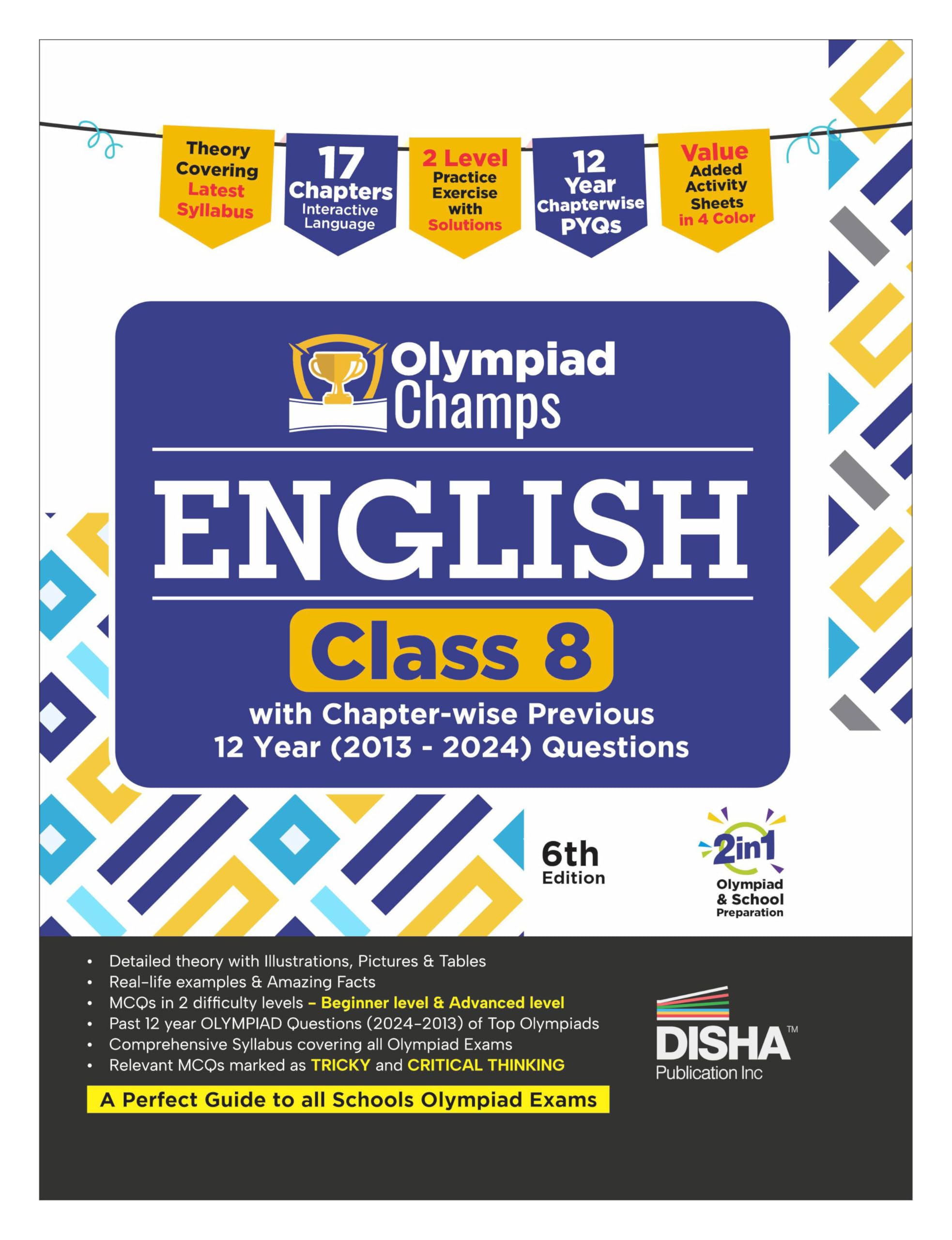 Disha Olympiad Champs English Class 8 With ChapterWise Previous 12 Year (2013  2024) Questions 6Th Edition | Complete Prep Gui
