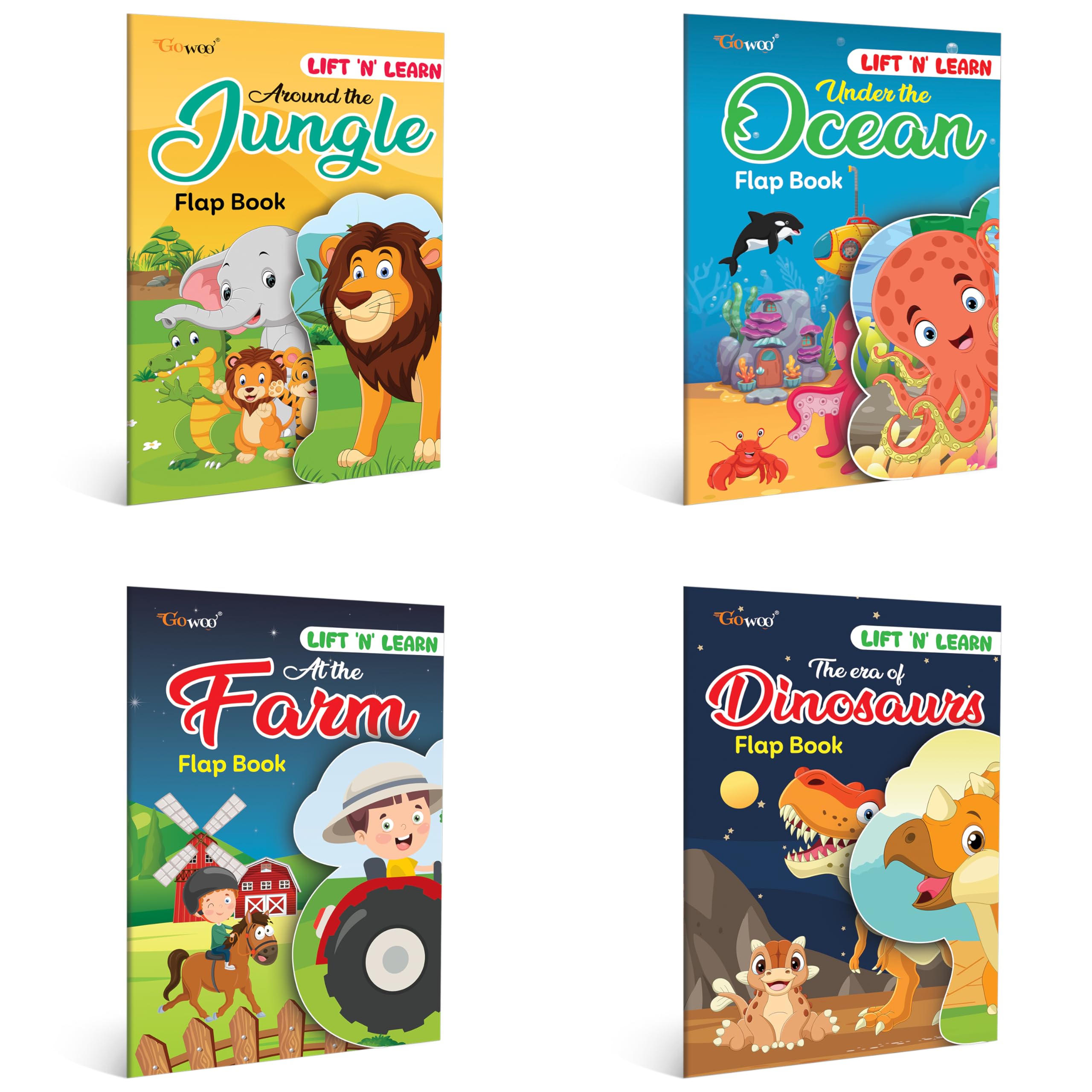 Under The Ocean, At The Farm, Around The Jungle and The Era Of Dinosaurs Flap Book | Combo of 4 flap books | Learning activity f