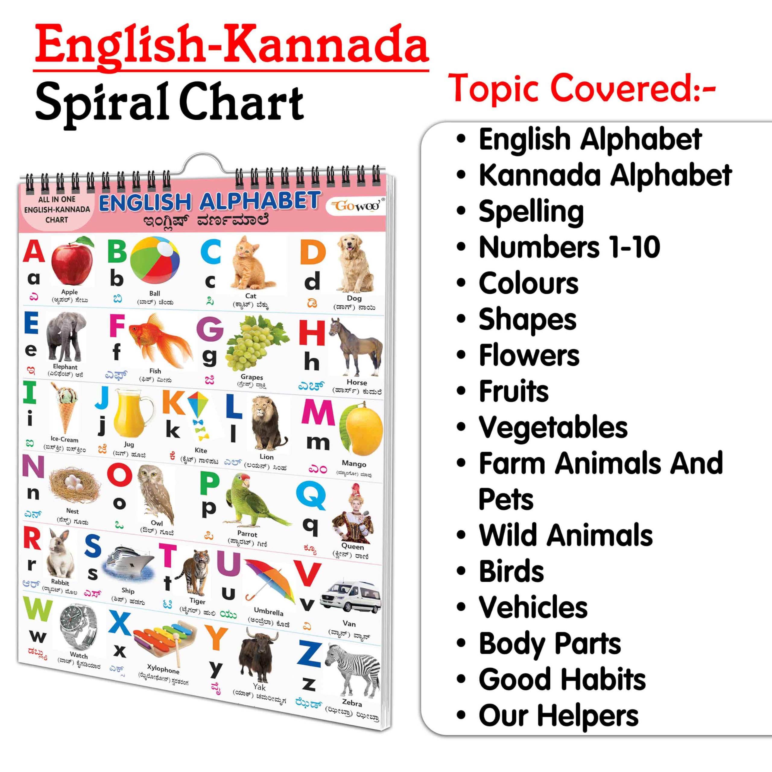My First ALL IN ONE SPIRAL CHART ENGLISHKANNADA : Chart For Children, Learning Chart For Kids, Early learning Chart With 16 Top