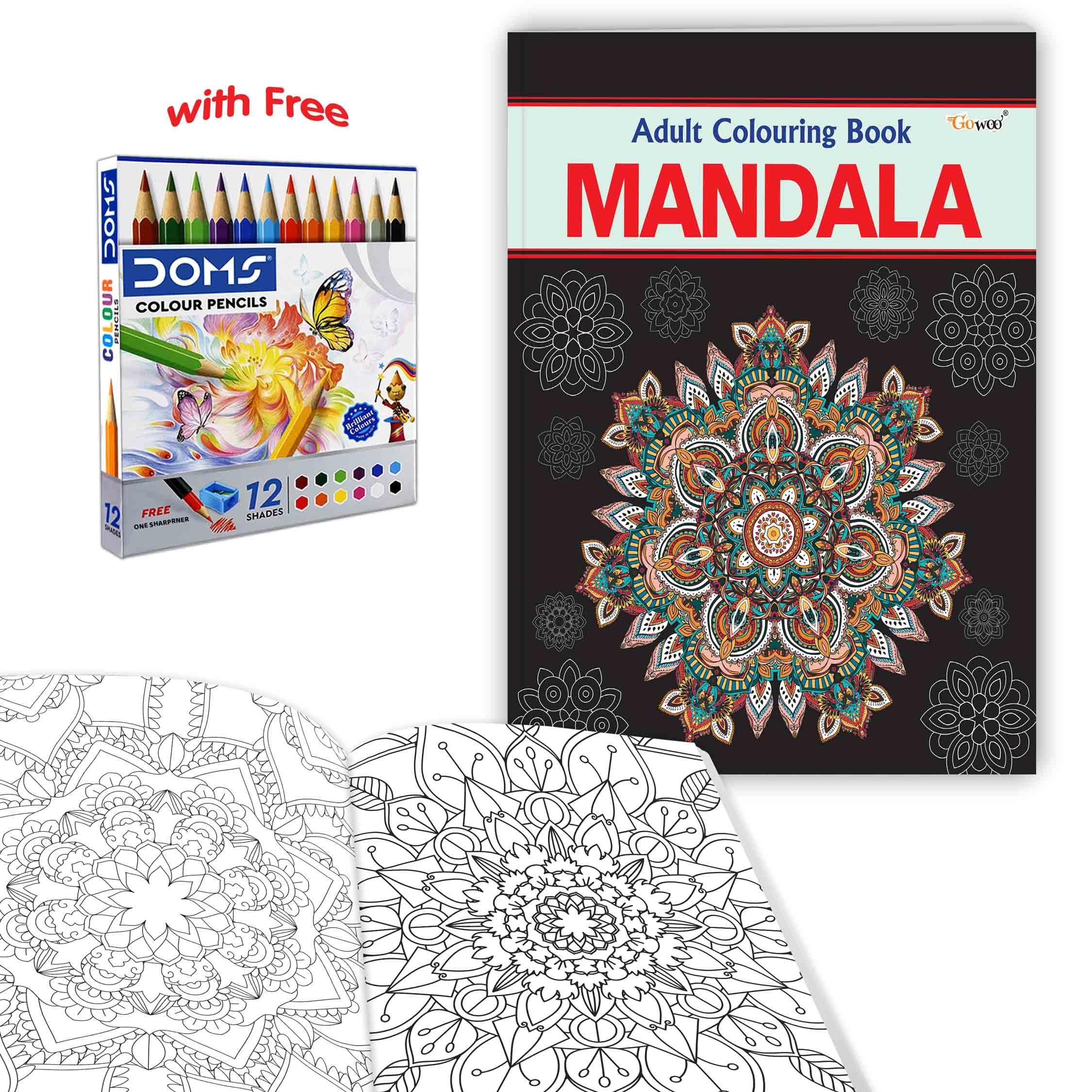 Mandala  Adult Colouring Book with 12 Colour Pencils + 1 Sharpner : antianxiety colouring book set, creative expression art bo