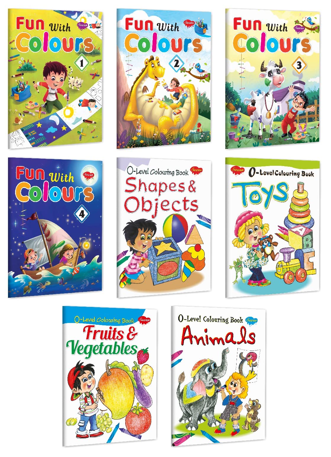 Fun With Crayons 14 & 0 Level Colouring Books Shapes & Object, Toys, Fruits & Vegetables, Animals | Packs Of 8 Books