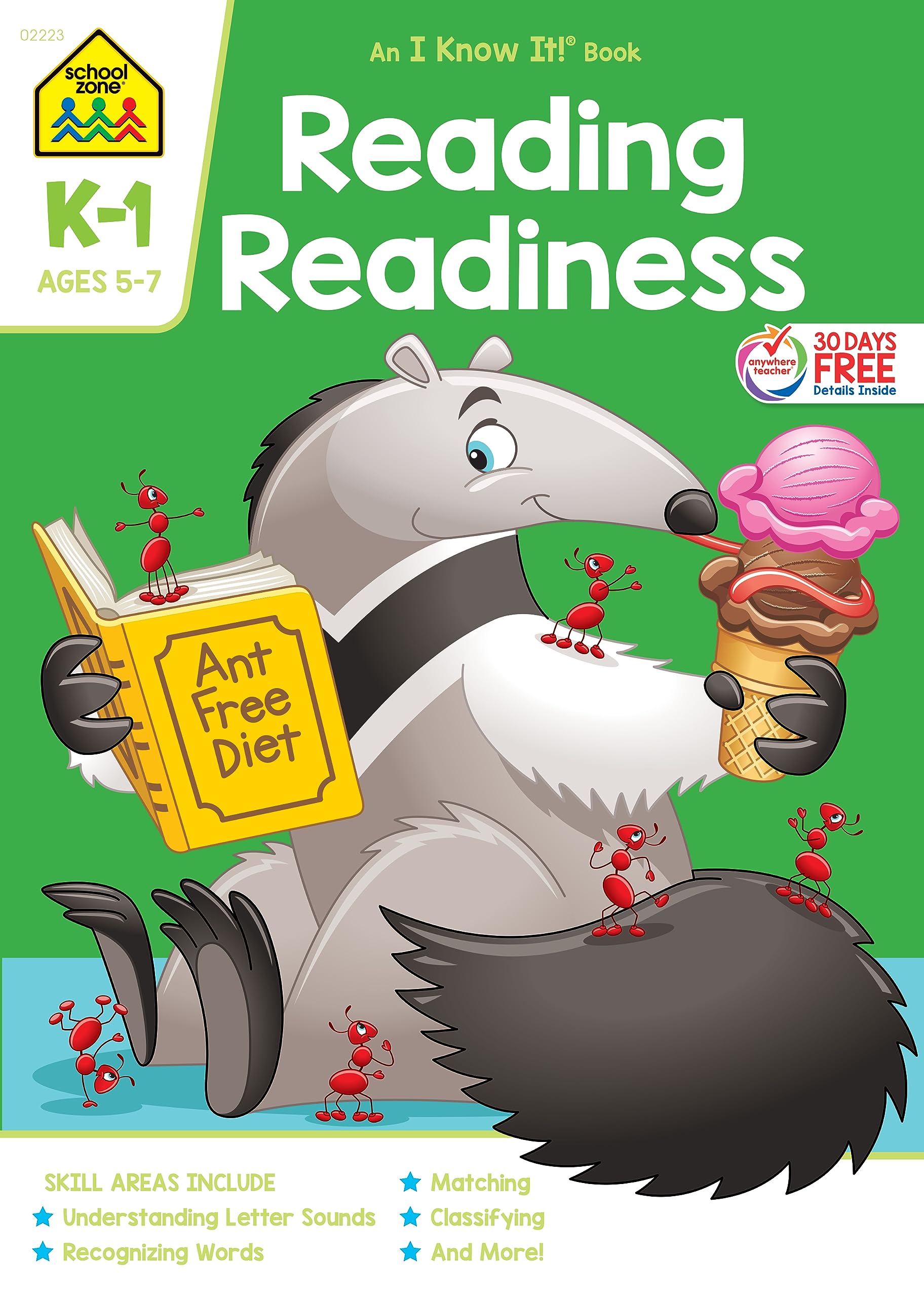 School Zone  Reading Readiness K1 Workbook  64 Pages, Ages 5 to 7, Kindergarten to 1st Grade, Story Order, Letter Sounds, Mat