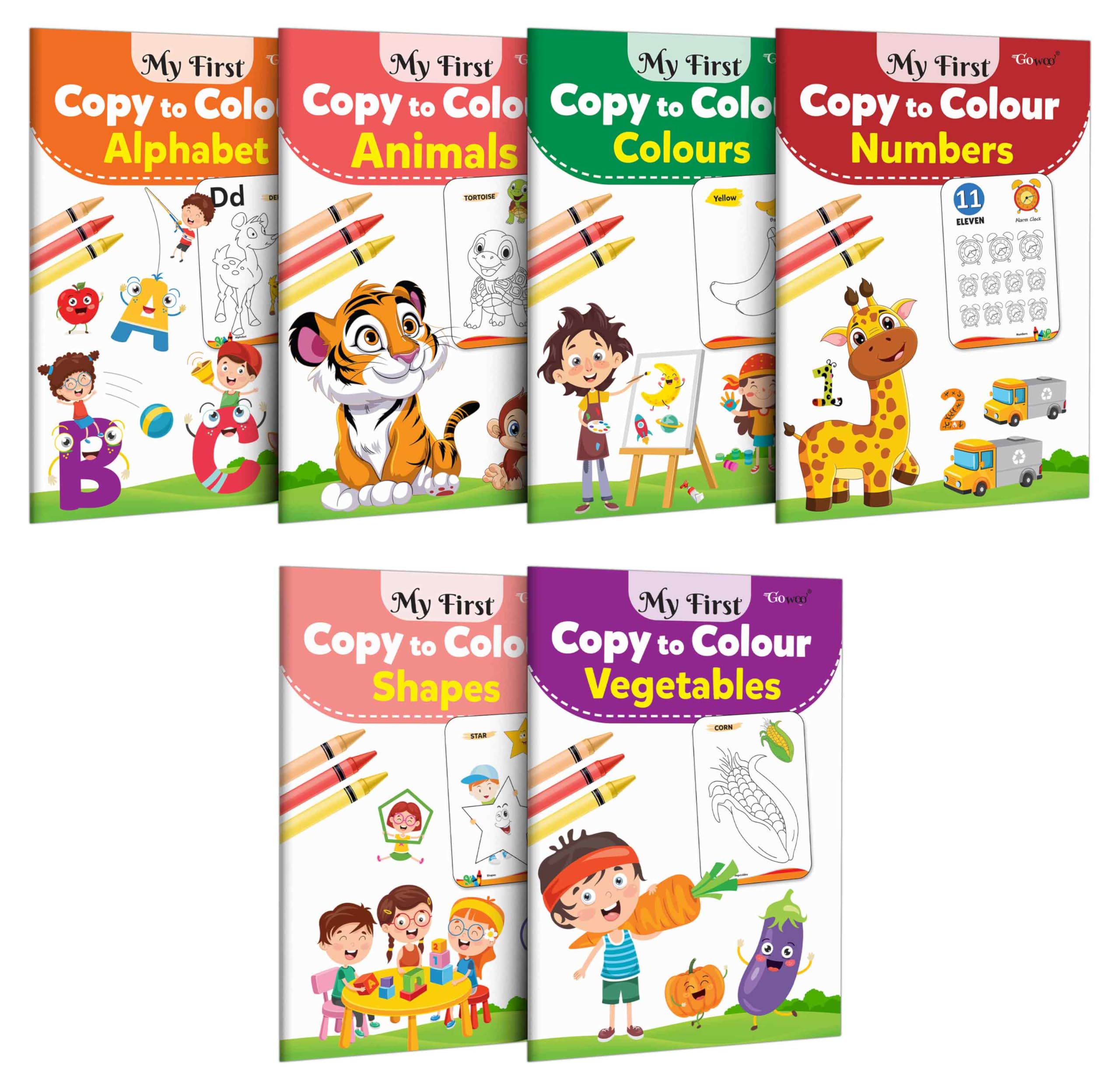 My First Copy to Colour  Alphabet, Animals, Colours, Numbers, Shapes and Vegetables : Copy and colour book, Early learning colo