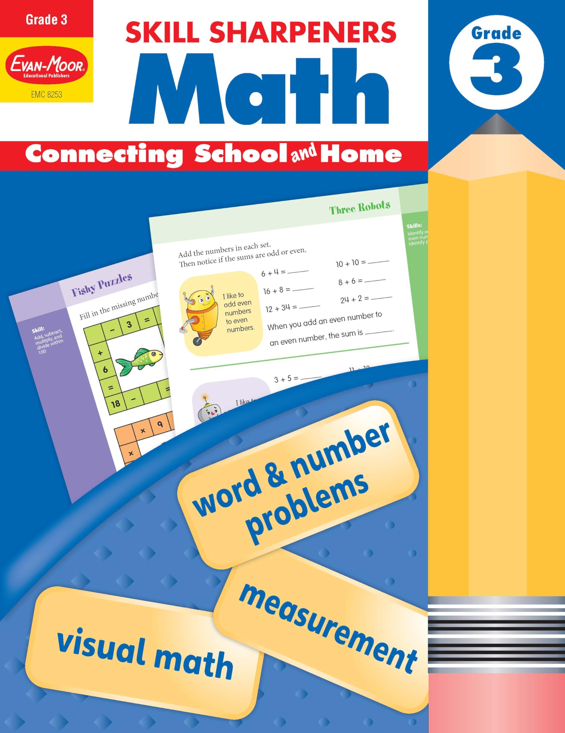 EvanMoor Skill Sharpeners Math Workbook, Grade 3, Multiplication, Division, Test Prep, Number Sequencing, Geometry, Measurement