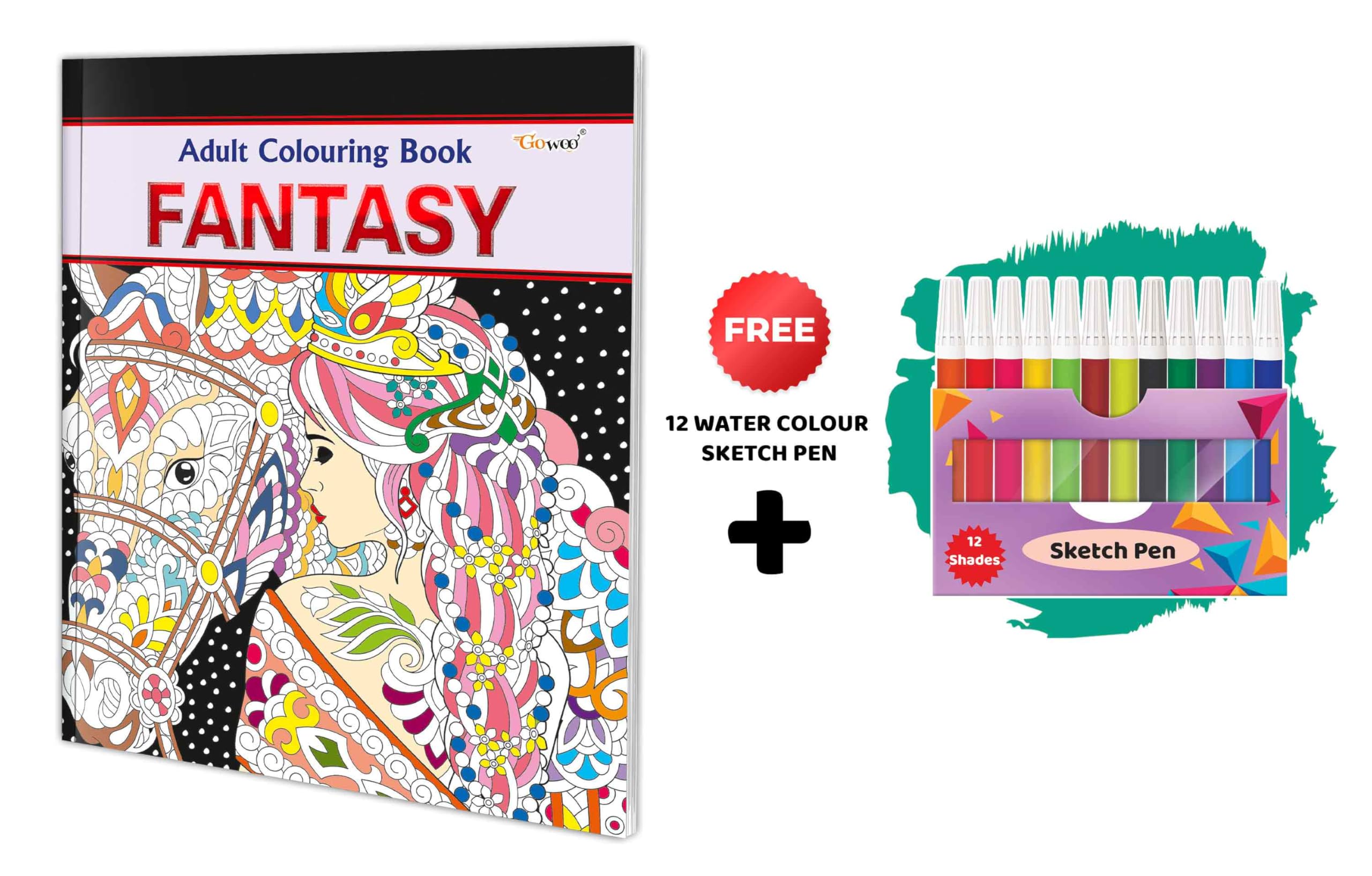 Fantasy  Adult Colouring Book With 12 Water Colour Sketch Pen : Coloring Book for Adults, Relaxing Art Coloring, Creative Color