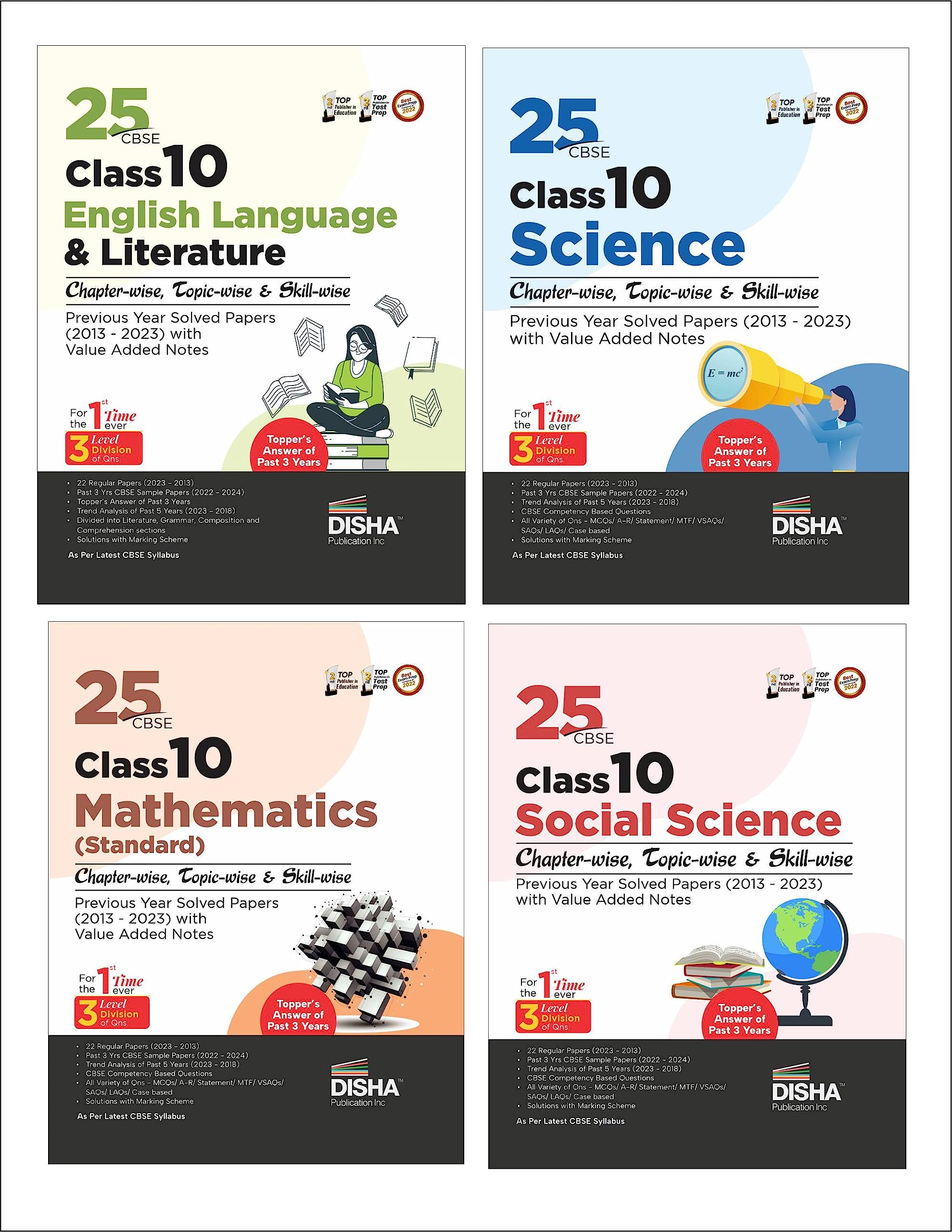 Disha Combo 25 Cbse Class 10 Science, Mathematics, Social Studies & English ChapterWise, TopicWise & SkillWise Previous Year 