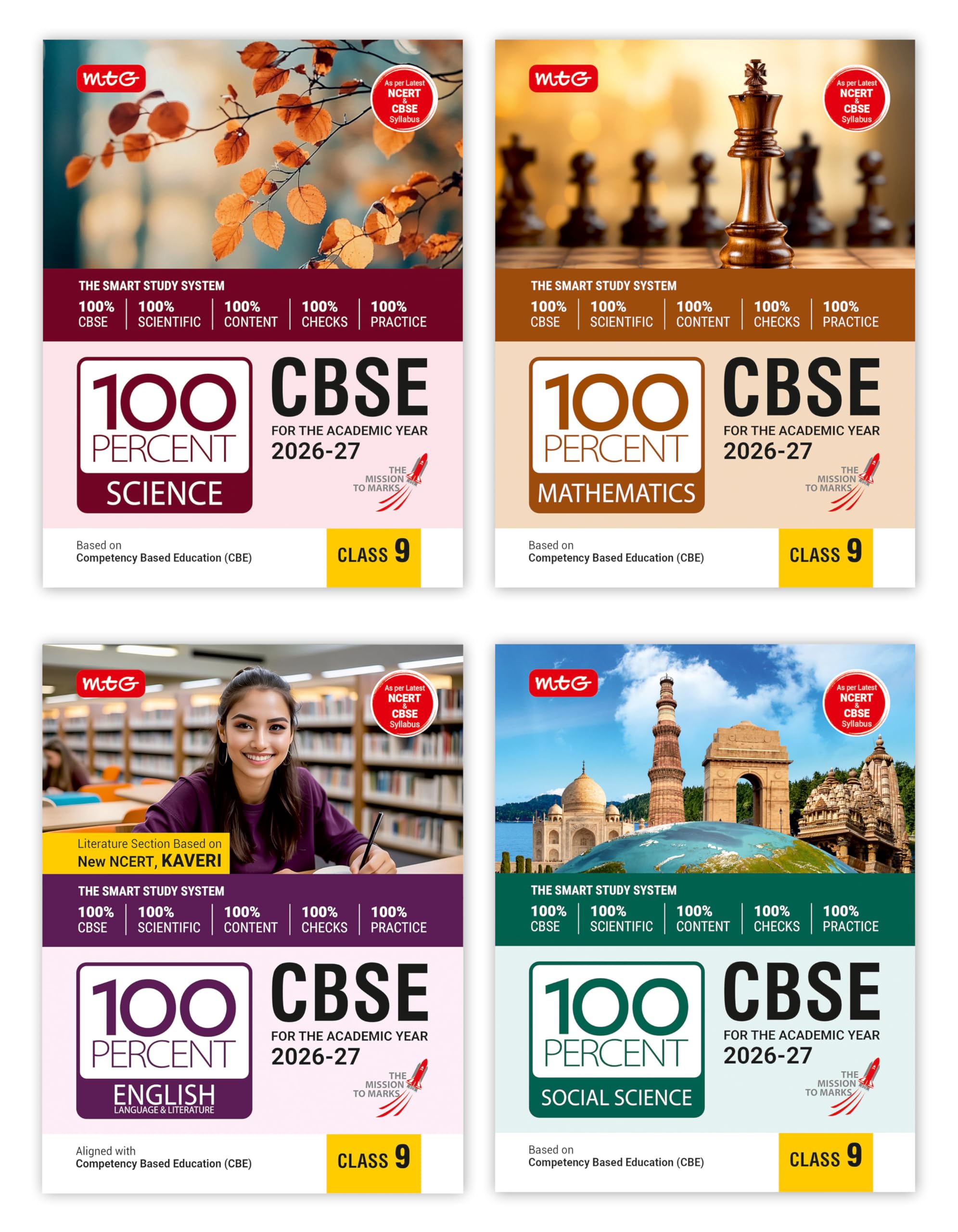 MTG 100 Percent NCERT & CBSE Science, Mathematics, English & SocialScience Class 9 For 202627 Exam (Set of 4) | As Per Revised