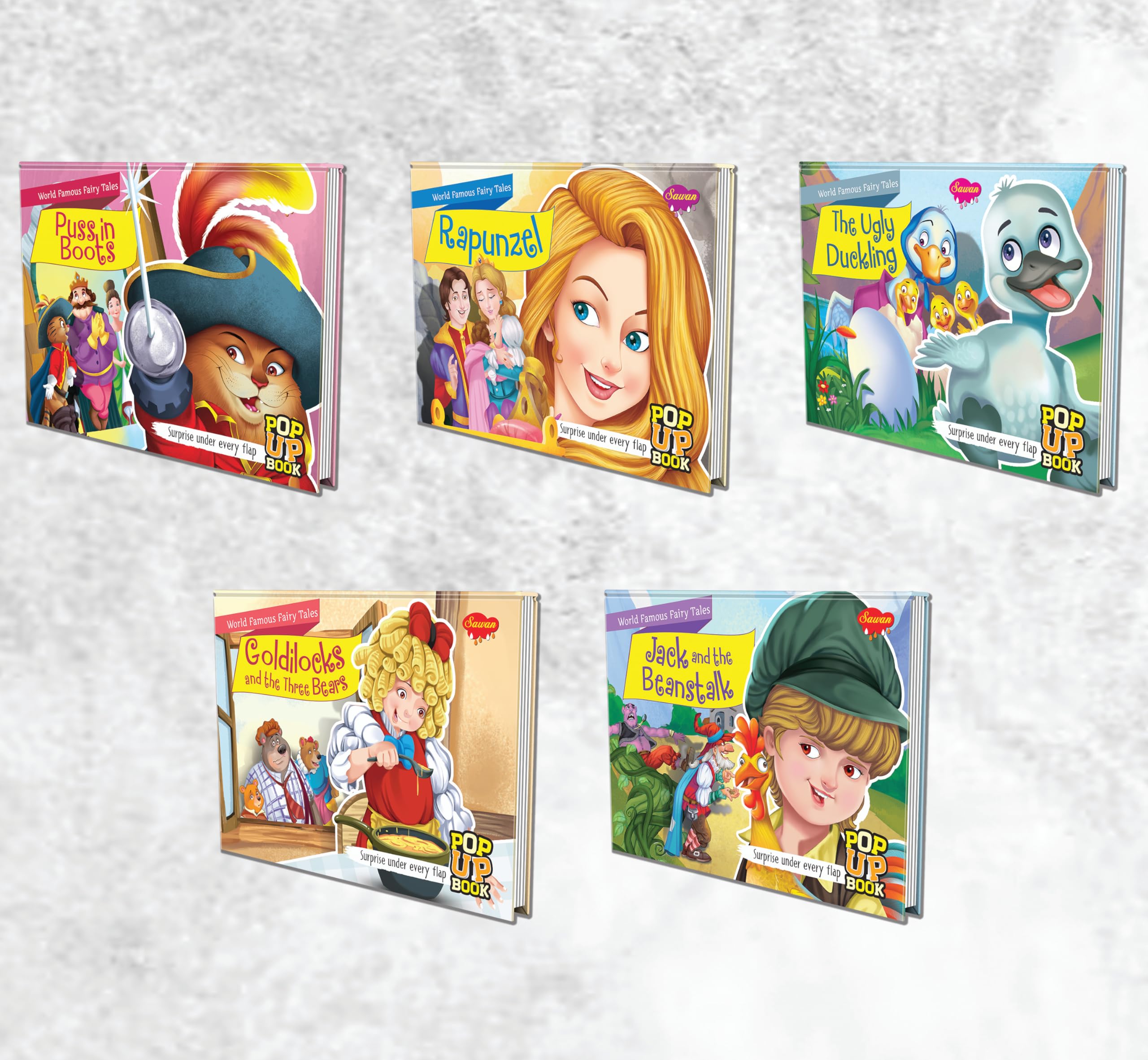 Set Of 5 Pop Up Books World Famous Fairy Tales | Puss In Boots , Rapunzel ,The Ugly Duckling , Goldilocks & The Three Bears And 