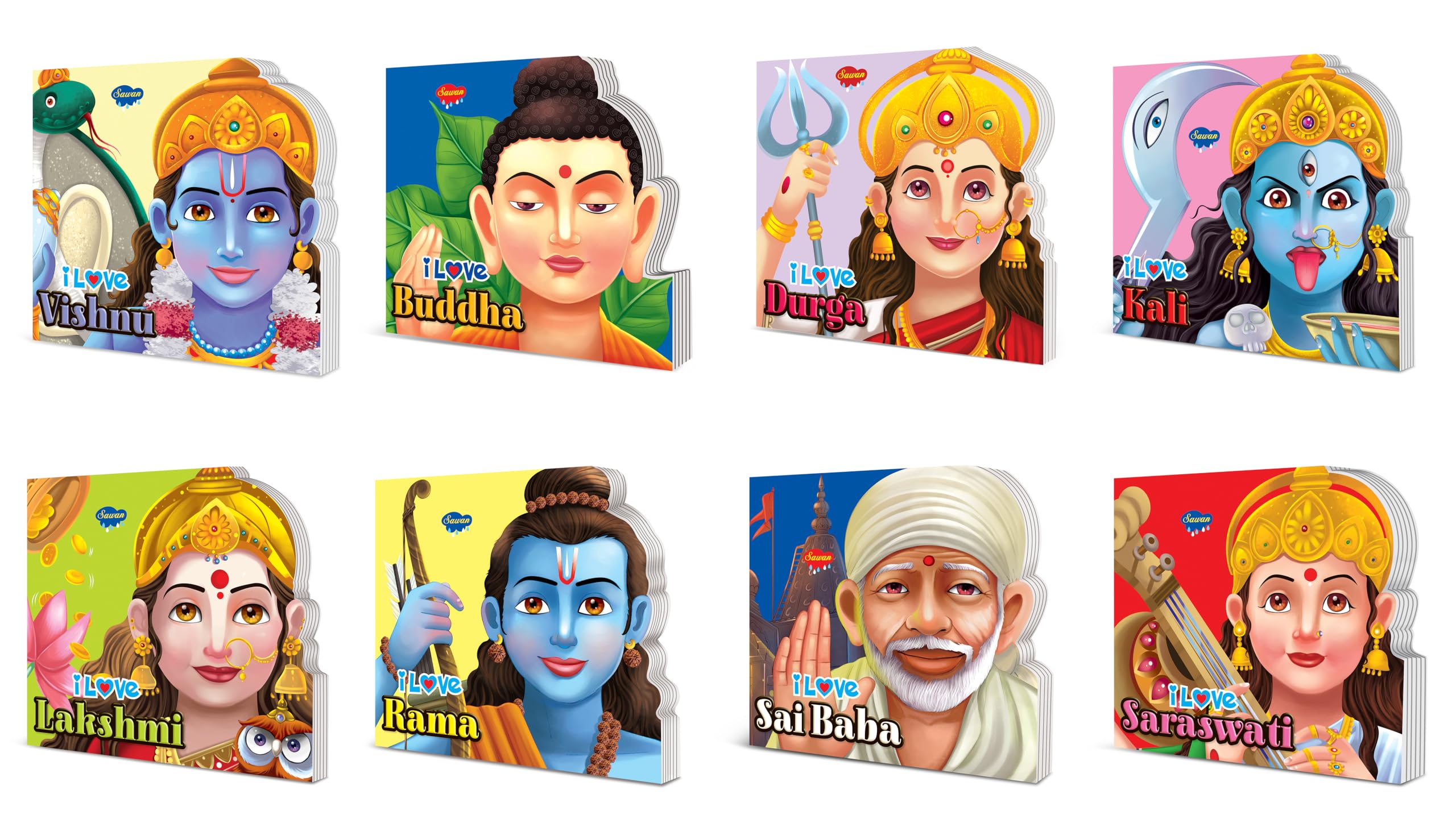 Pack of 8 Die cut board book for kids : Lakshmi, Saraswati, Vishnu, Rama, Kali, Durga, Sai Baba and Buddha | I love series | Sto