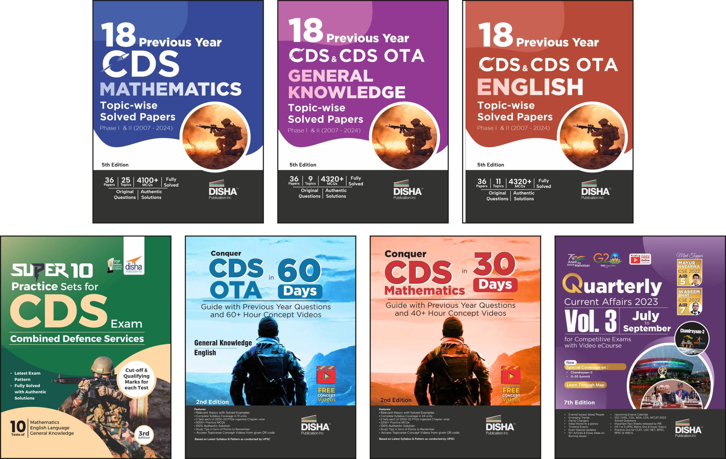 Disha Combo (Set Of 7 Books) Cds Study Package  Mathematics, English & General Knowledge Guides With 18 TopicWise Previous Yea
