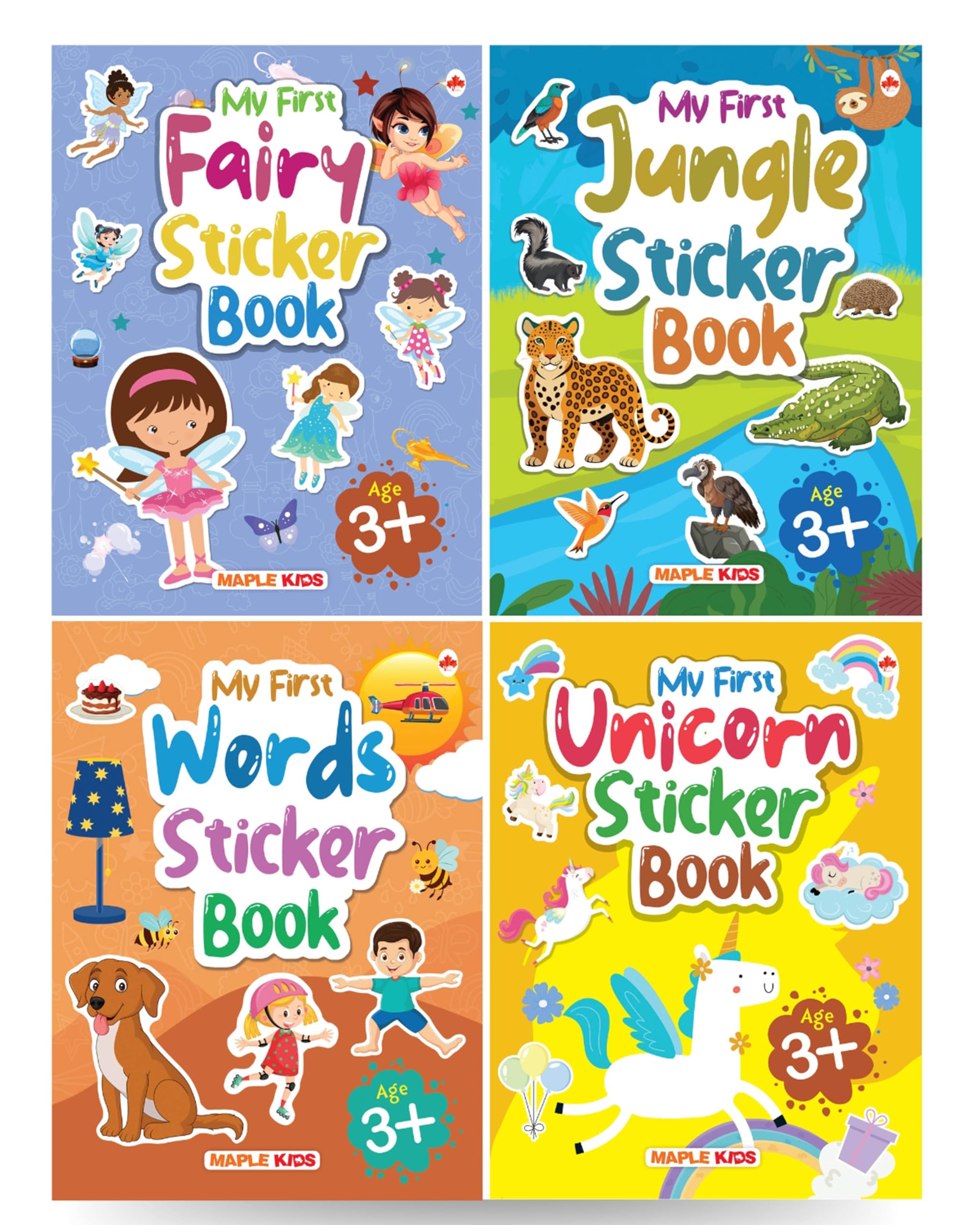 Sticker Books (Set of 4 Books)  Fairy, Jungle, Words, Unicorn  Activity Books for Kids  Stickers for Children  Age 3+ Years