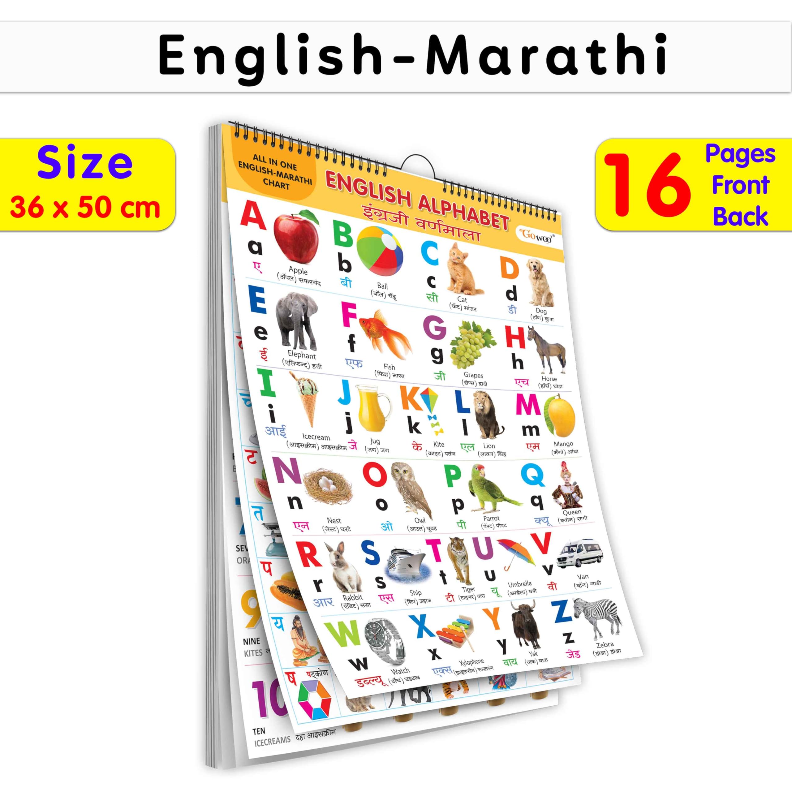 ENGLISHMARATHI Chart For Kids (16 Charts ) 36 x 50 cm  Children Spiral Wall Picture Chart