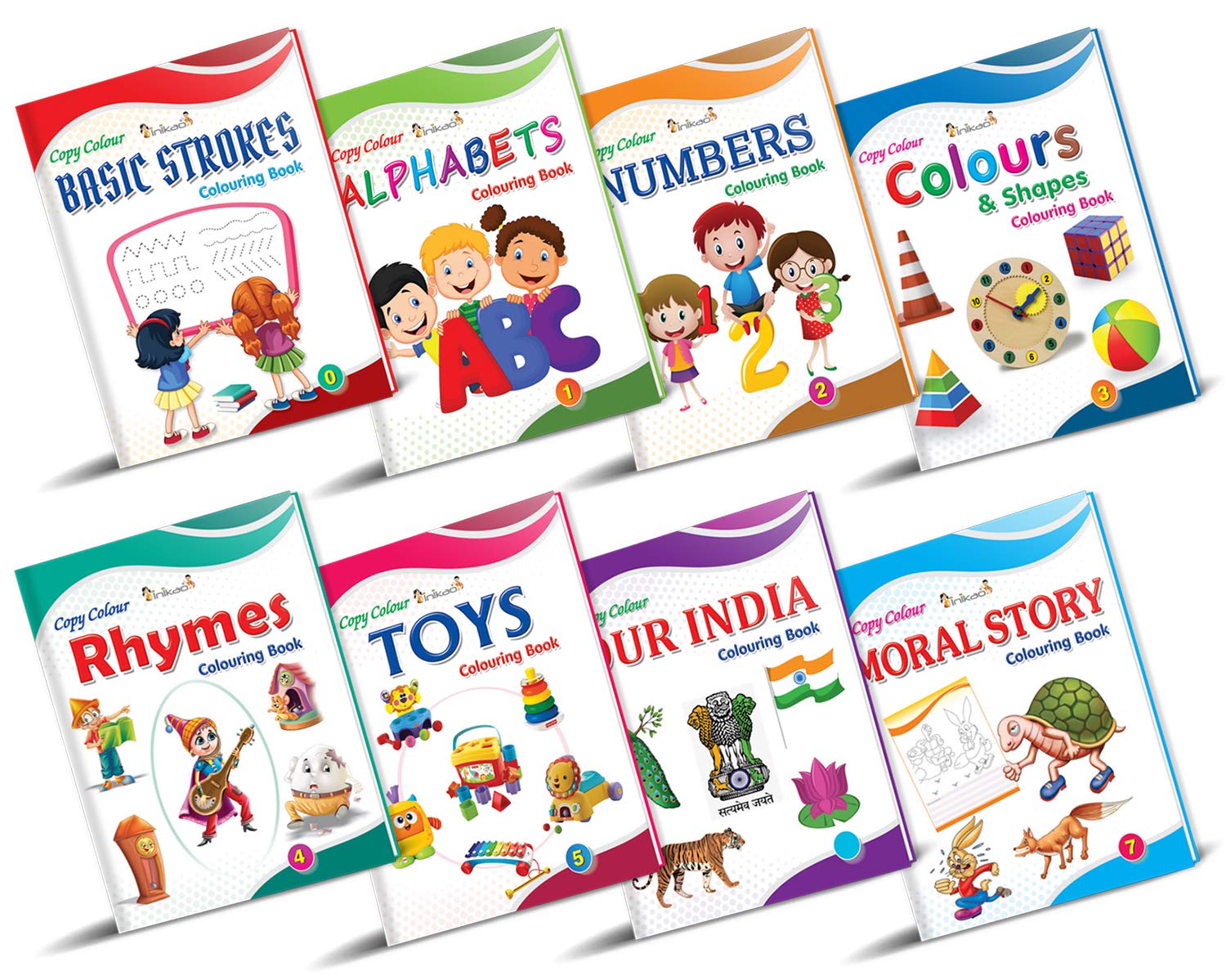 Inikao Colouring Books For Kids For Early Learning | Pack Of 8 Copy Coloring Book On Alphabets, Numbers, Colors, Shapes, Toys An