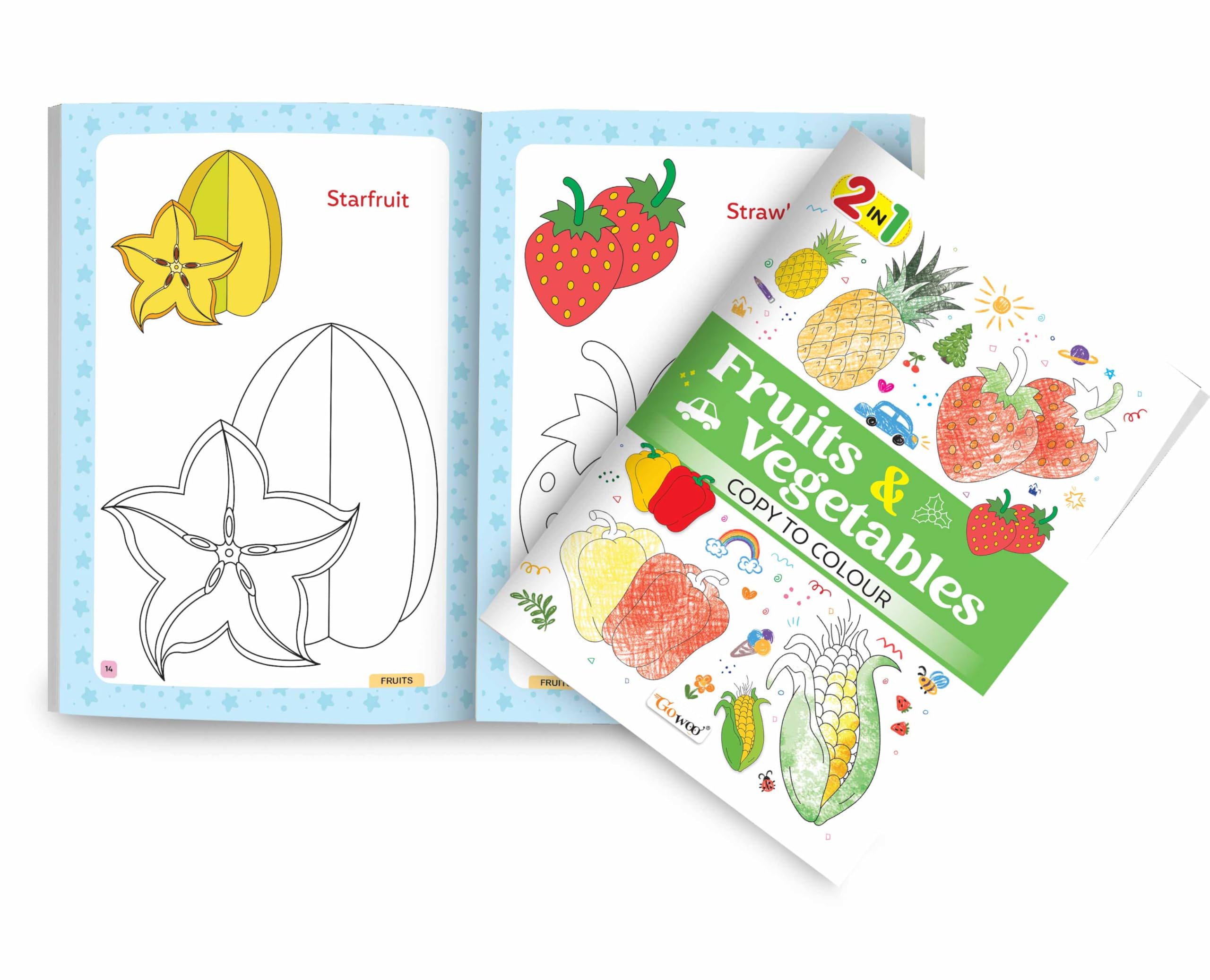 2 in 1 Fruits & Vegetables Copy to Colour : Educational Art Book, Preschool FoodThemed Colour Activity Book, 2 in 1 Fruits and