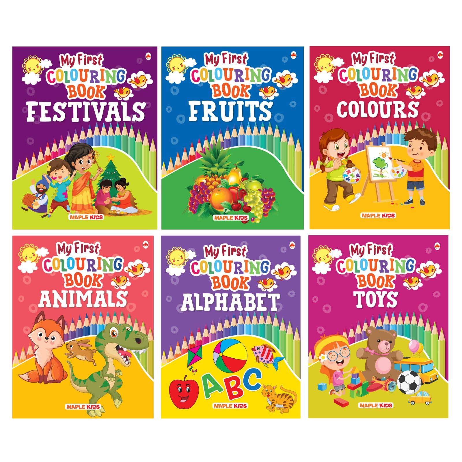 Colouring Books for Kids (Set of 6 Books)  Gift to children for painting, drawing and colouring  Vegetables, Fruits, Colours, 