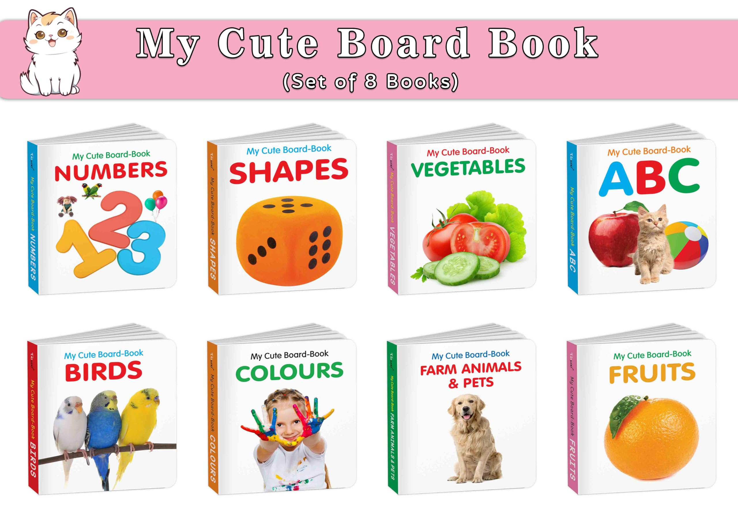 Pocket Board Book Set of ABC, Colours, Birds, Fruits, Farm Animals & Pets, Vegetables, Shapes and Numbers  Kids educational boa